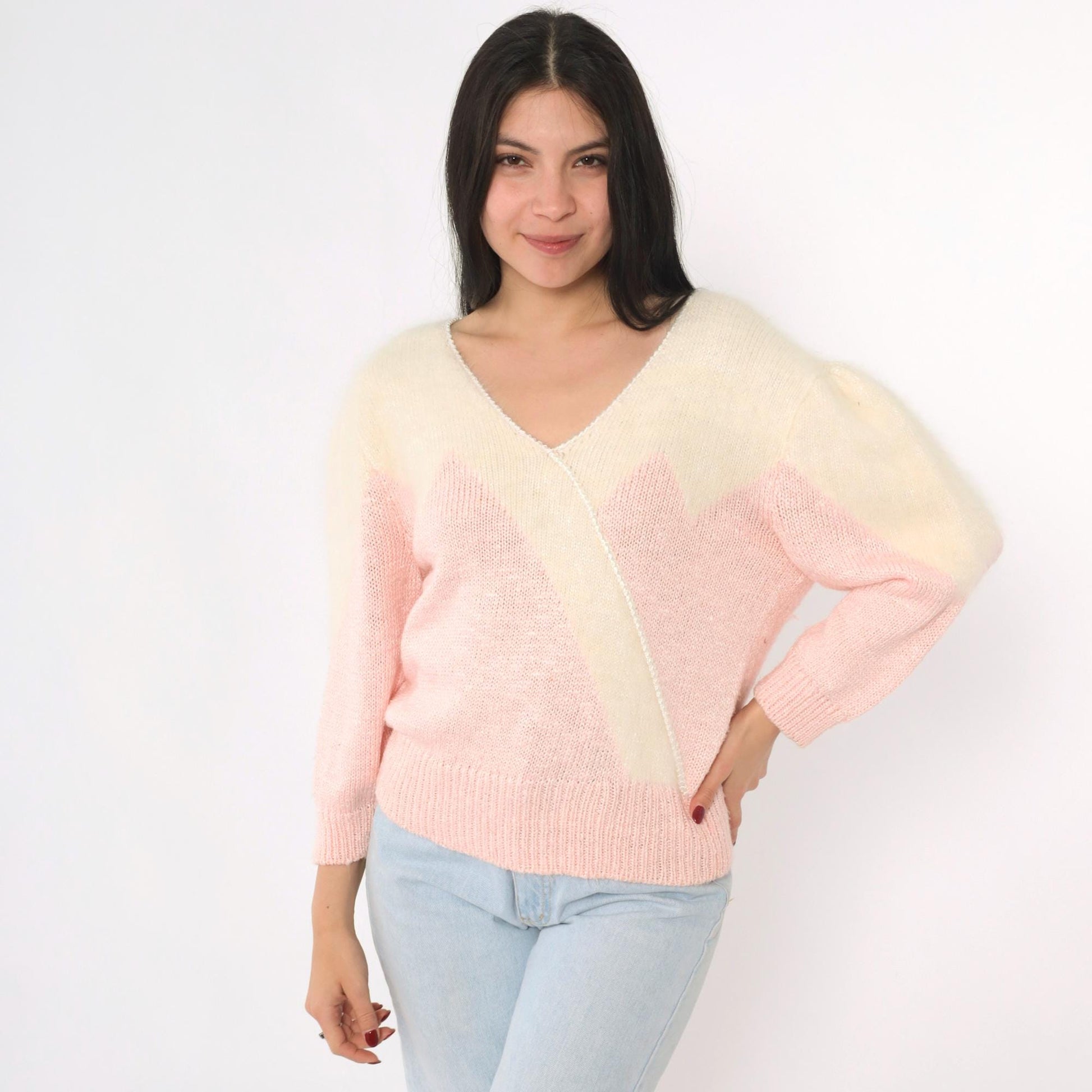 80s Pink Cream Angora Chevron V-Neck Sweater Pullover Medium