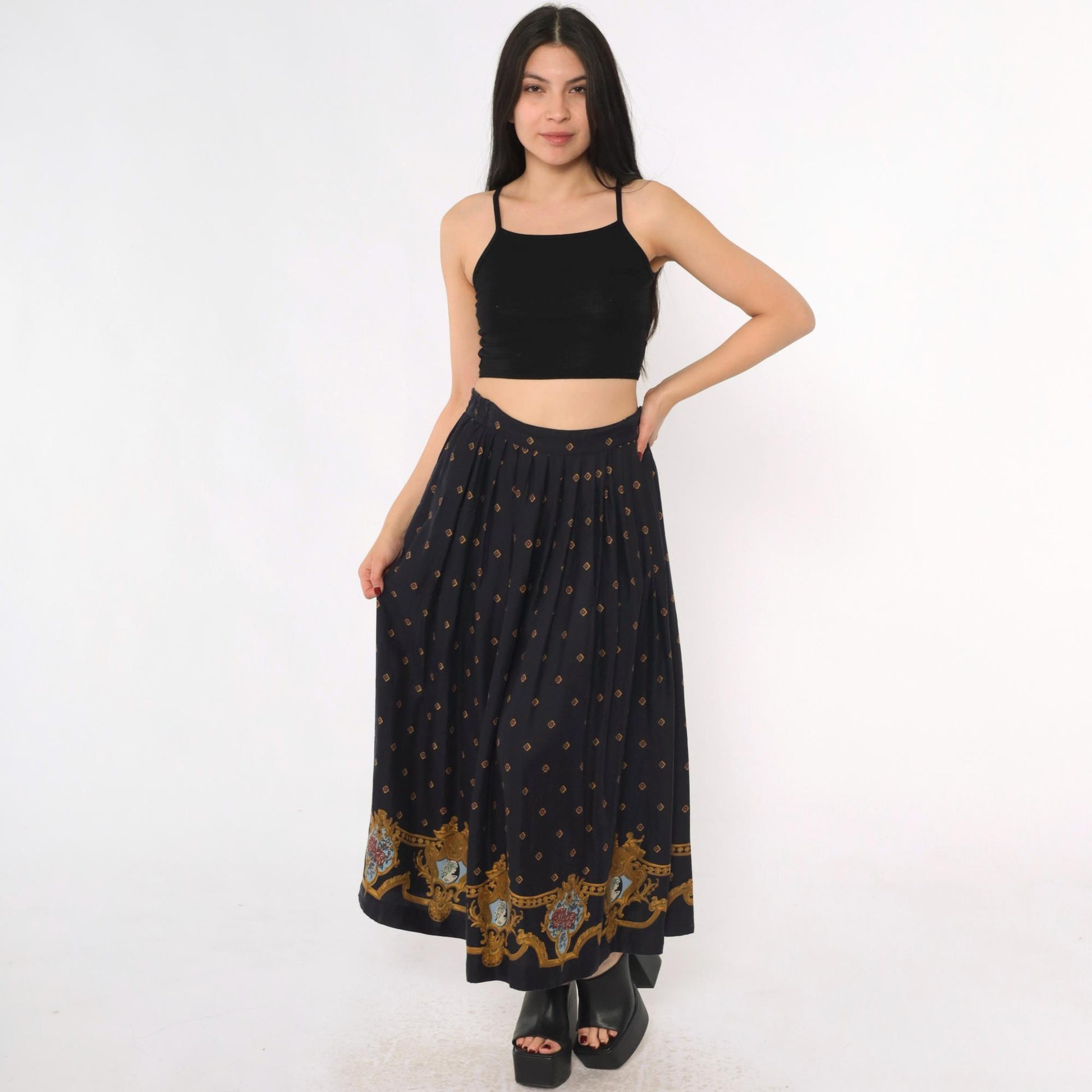 80s Chaus Navy Rayon Midi Skirt Baroque Cameo Print Elastic Waist Small