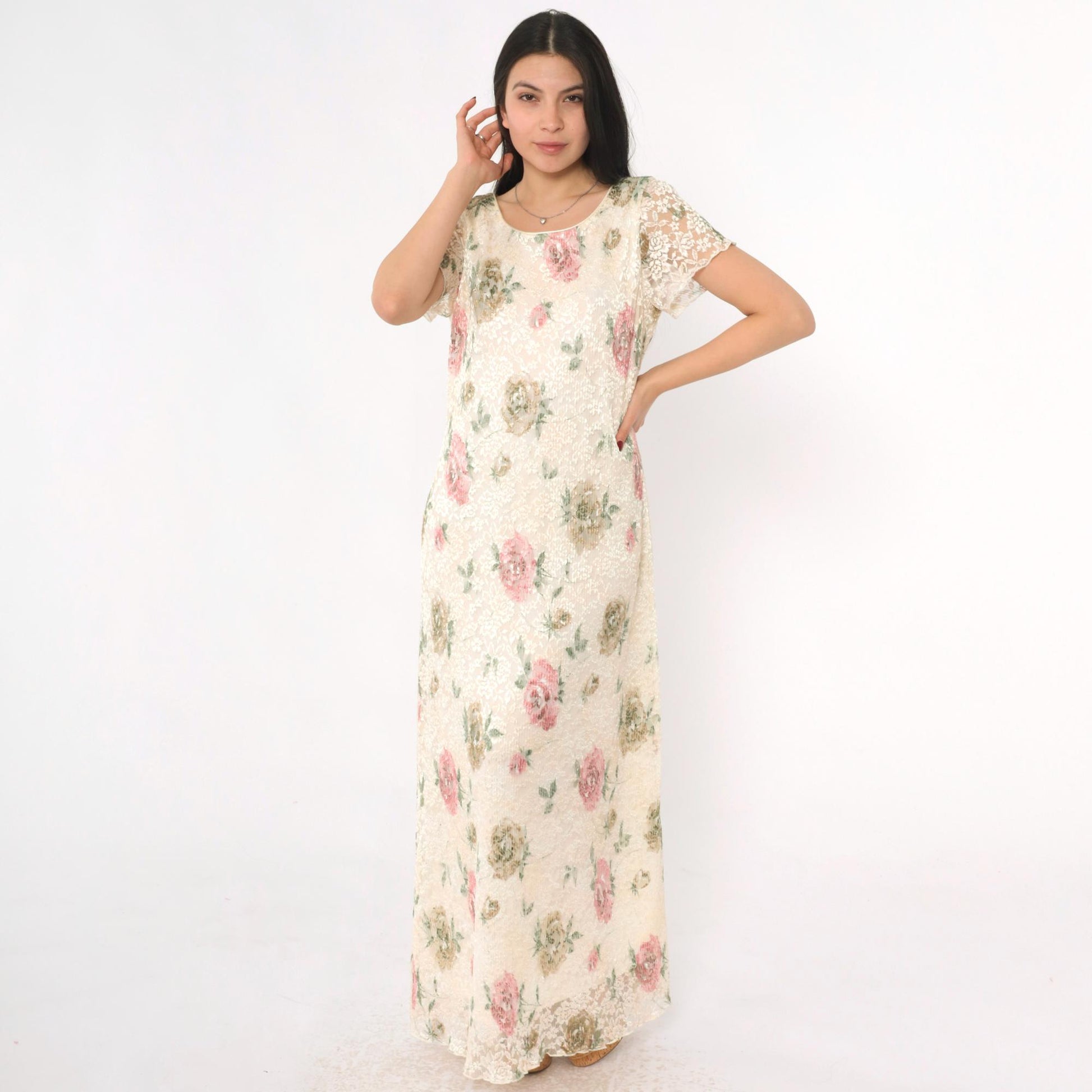 90s Ronni Nicole Cream Lace Maxi Dress Floral Print Short Sleeve Medium
