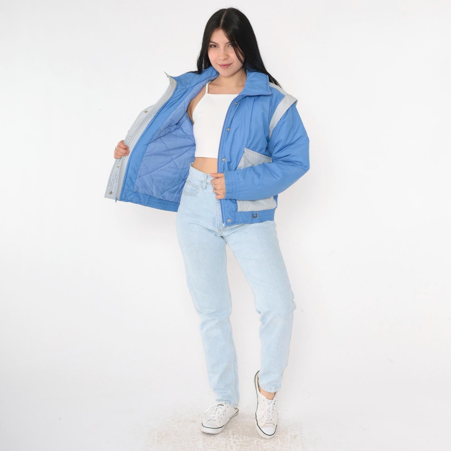 80s Prima Blue Grey Color Block Puffer Ski Jacket Zip Snap Medium M
