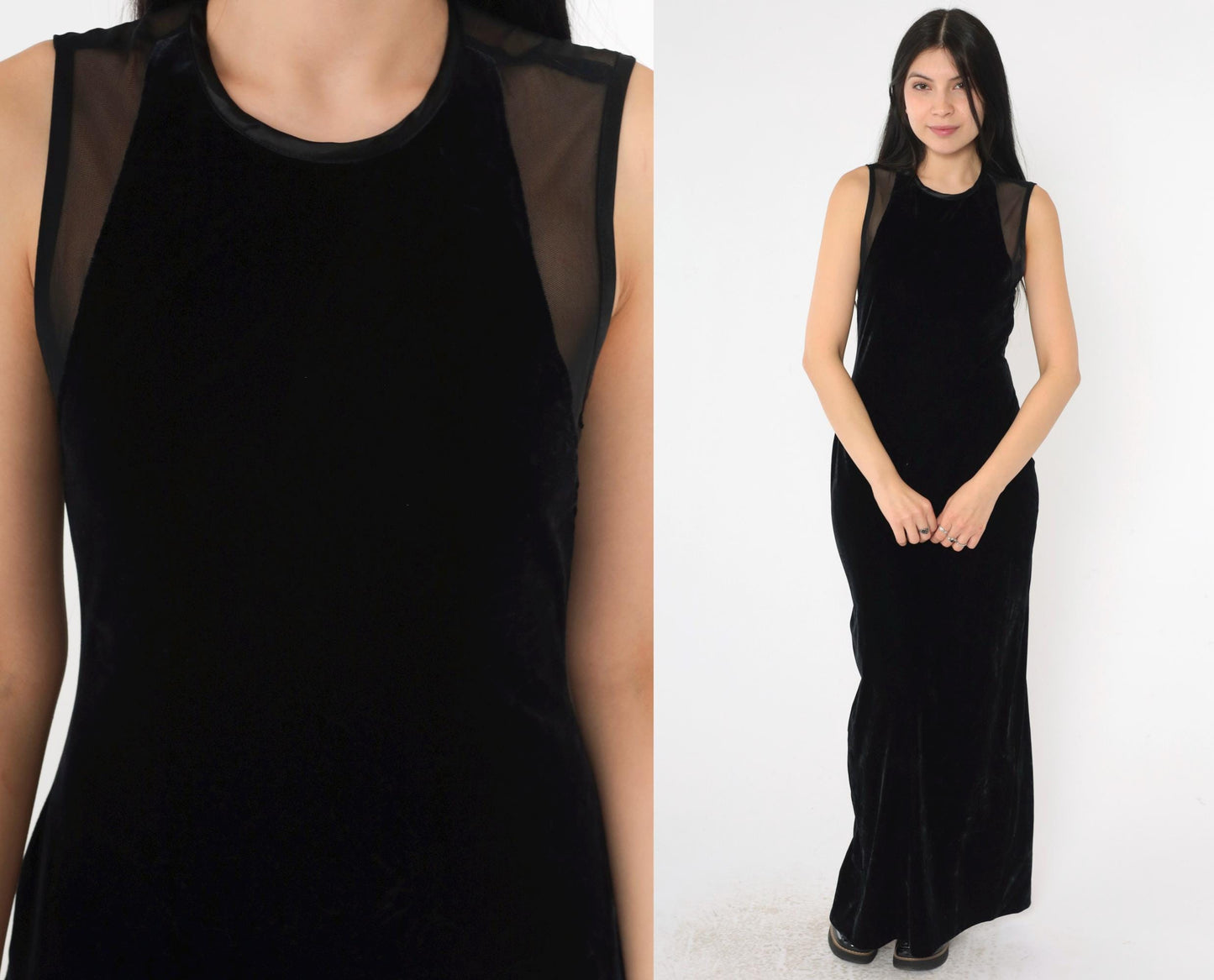 90s Jessica Howard Black Velvet Maxi Dress Sheer Mesh Back Rhinestone Small