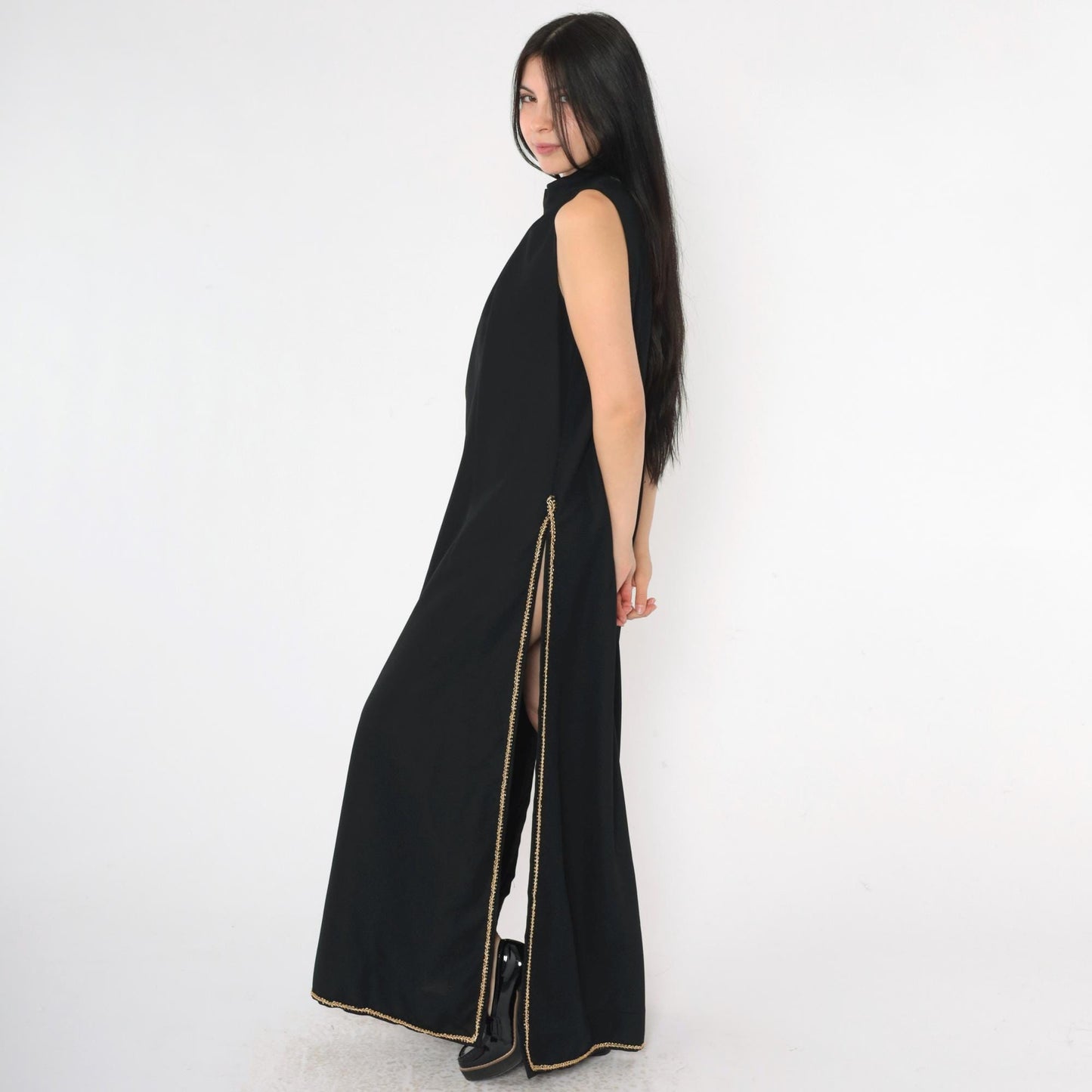 70s Black Evening Gown Gold Trim High Mock Neck Maxi Side Slits Large