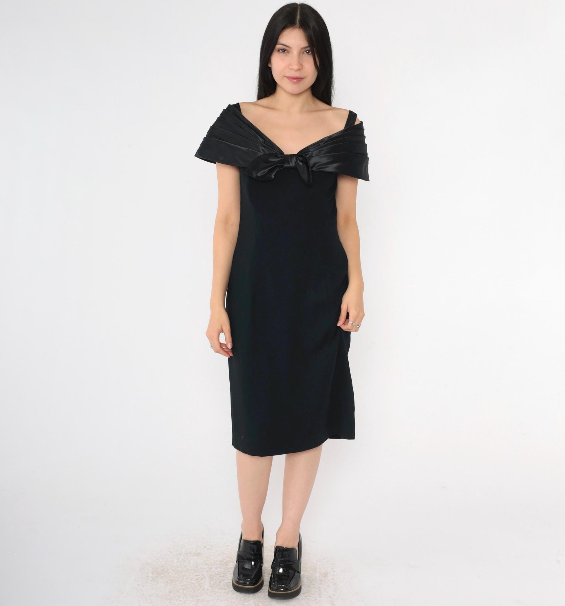 90s Black Off-Shoulder Bow Cocktail Dress Midi Sheath Medium 8