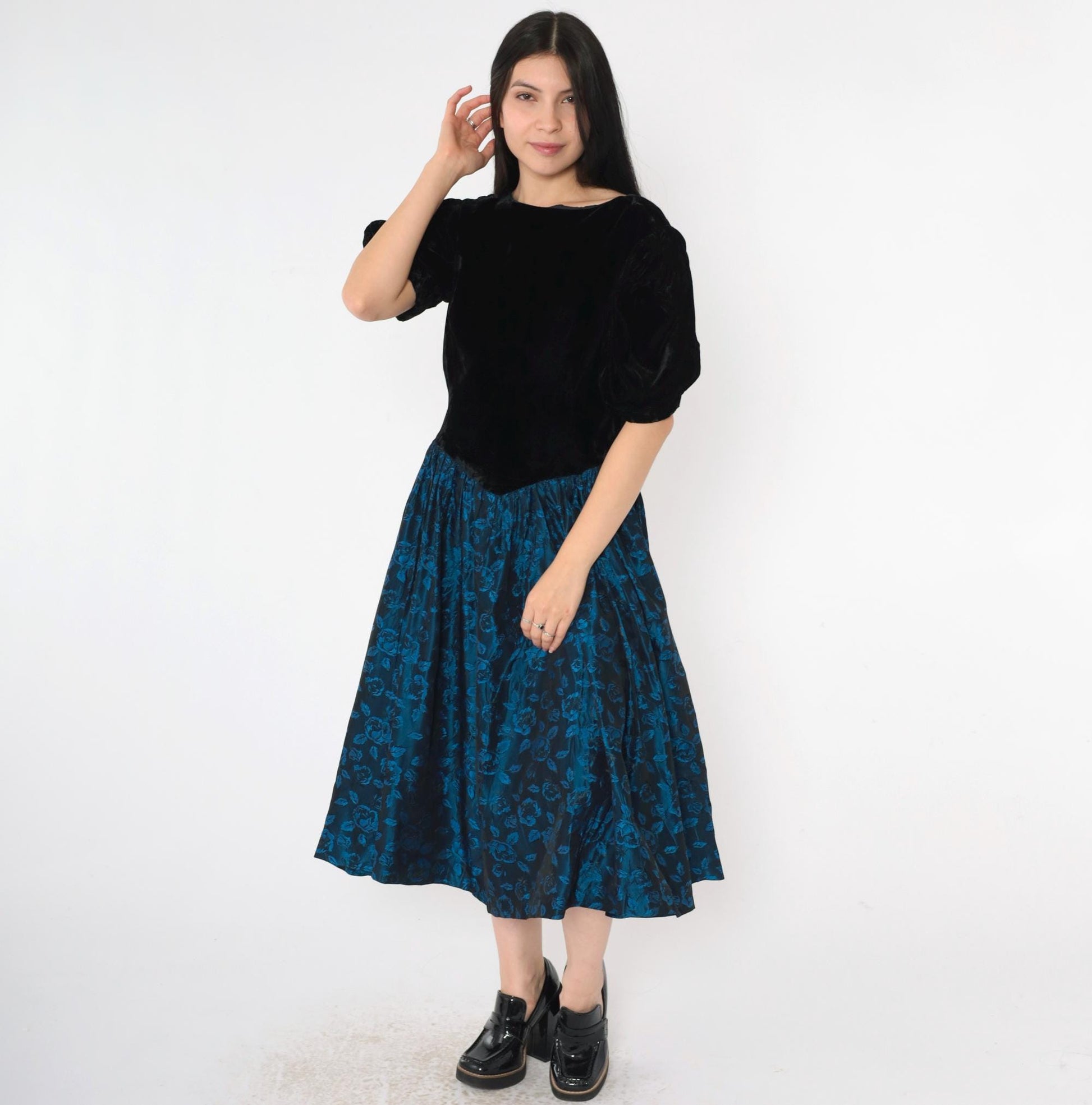 80s Black Velvet Puff Sleeve Dress Blue Floral Jacquard Midi V Back Small