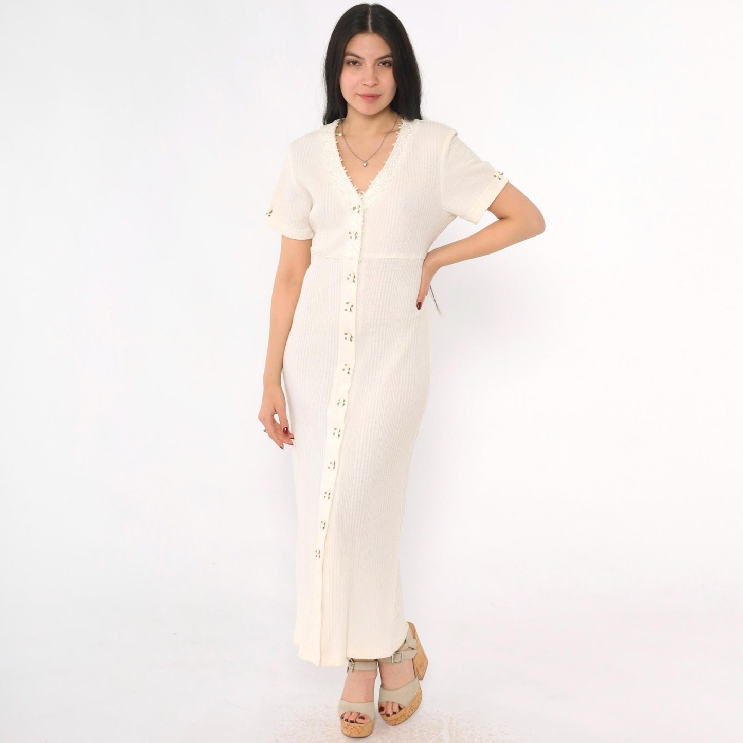 90s Ivory Ribbed Rosette Maxi Dress Button Front Lace Trim V-Neck Small S