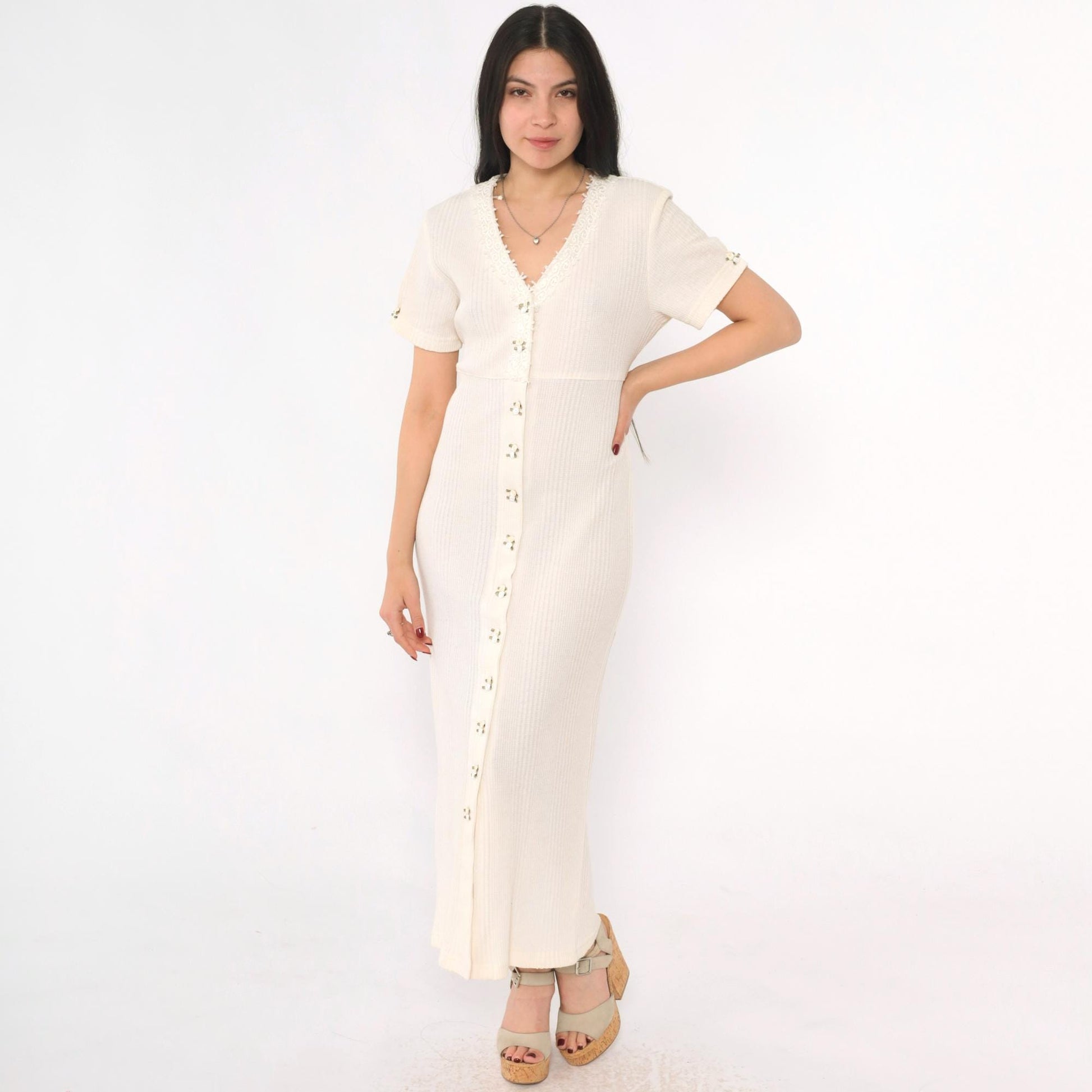 90s Ivory Ribbed Rosette Maxi Dress Button Front Lace Trim V-Neck Small S