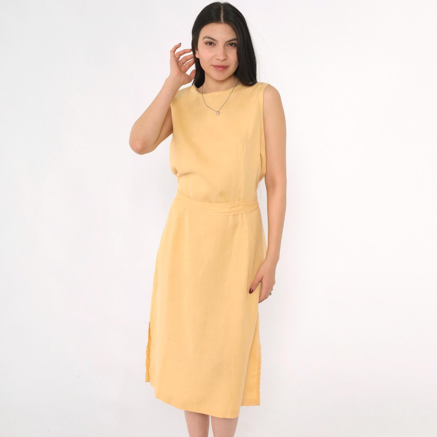 90s Rafaella Yellow Linen Midi Dress Button Back Sleeveless Medium 10