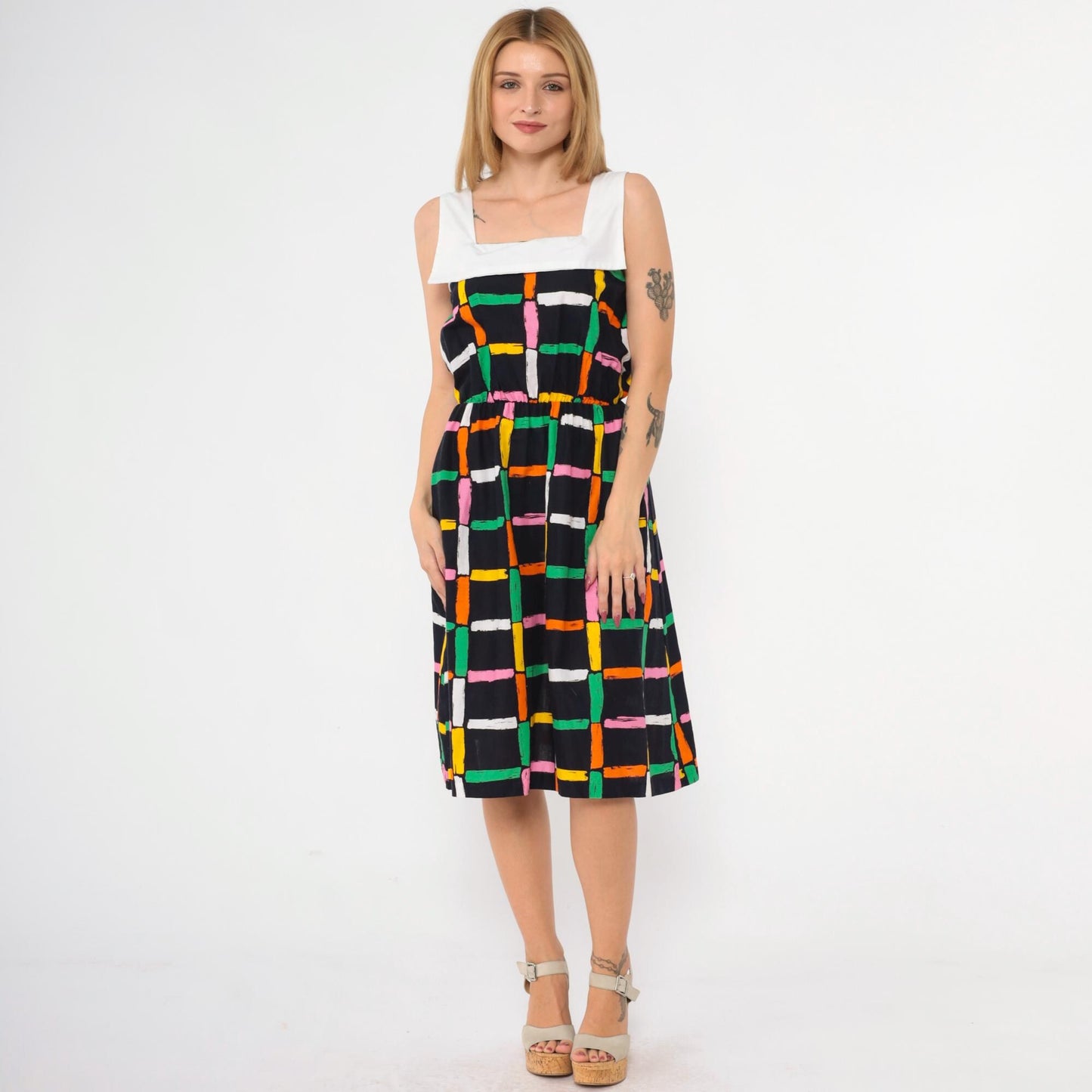 80s Black Checkered Midi Dress Sailor Collar High Waist Sleeveless Small