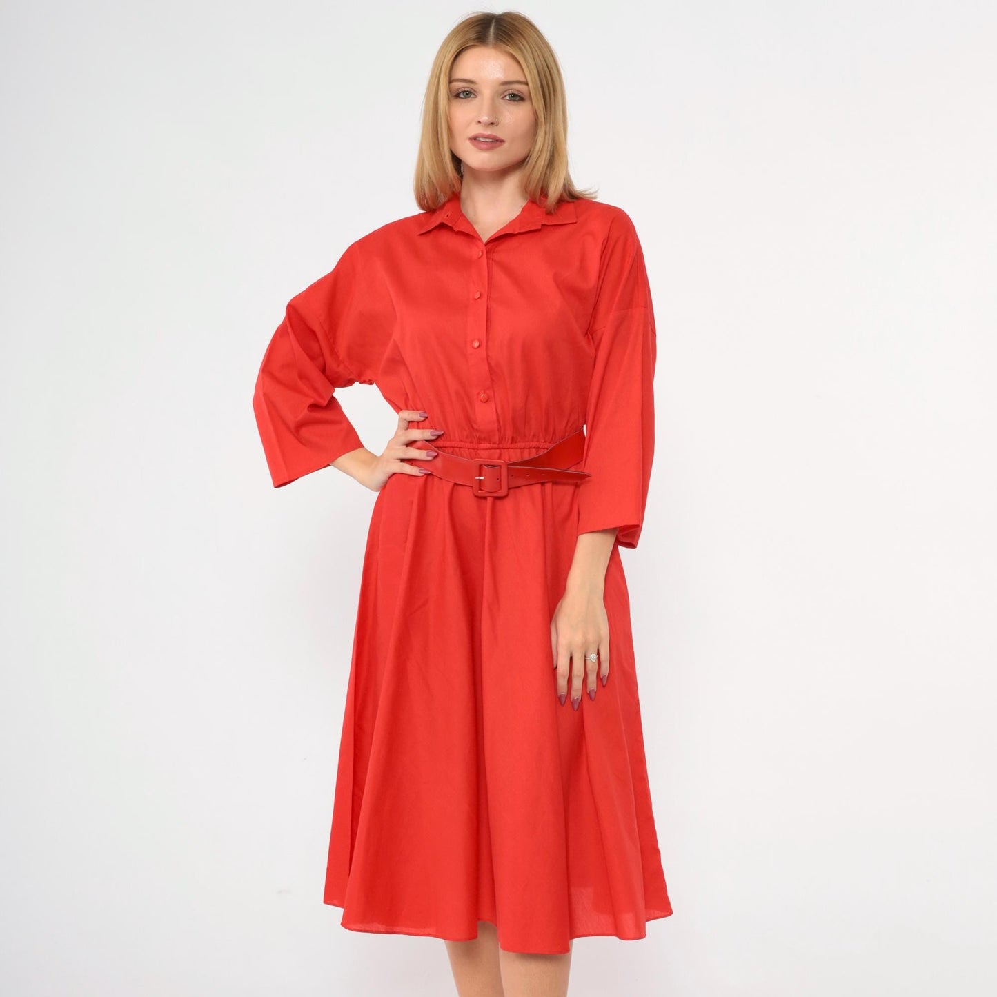 80s Red Button-Up Midi Shirtdress High Waisted 3/4 Sleeve Medium