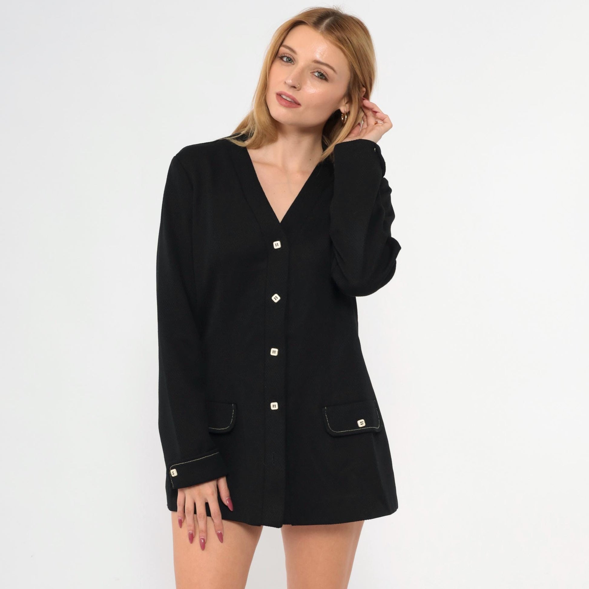 70s Black Polyester Blazer Button-Up Jacket V-Neck Mod Disco Medium Large