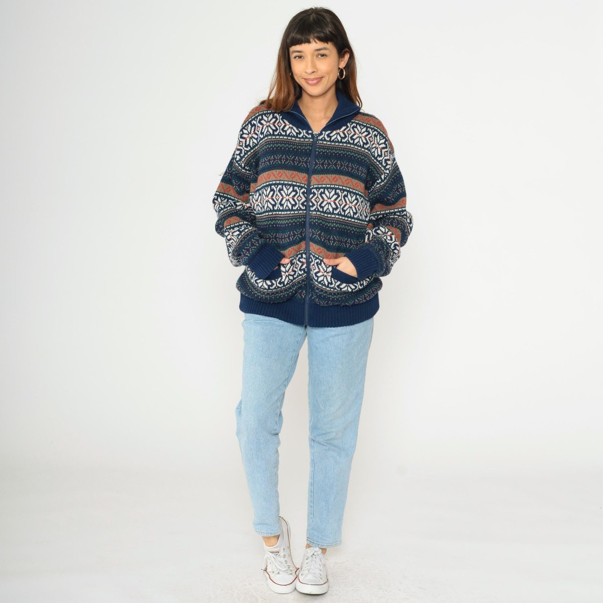 00s Fair Isle Cardigan Navy Blue Zip-Up Knit Sweater Large L