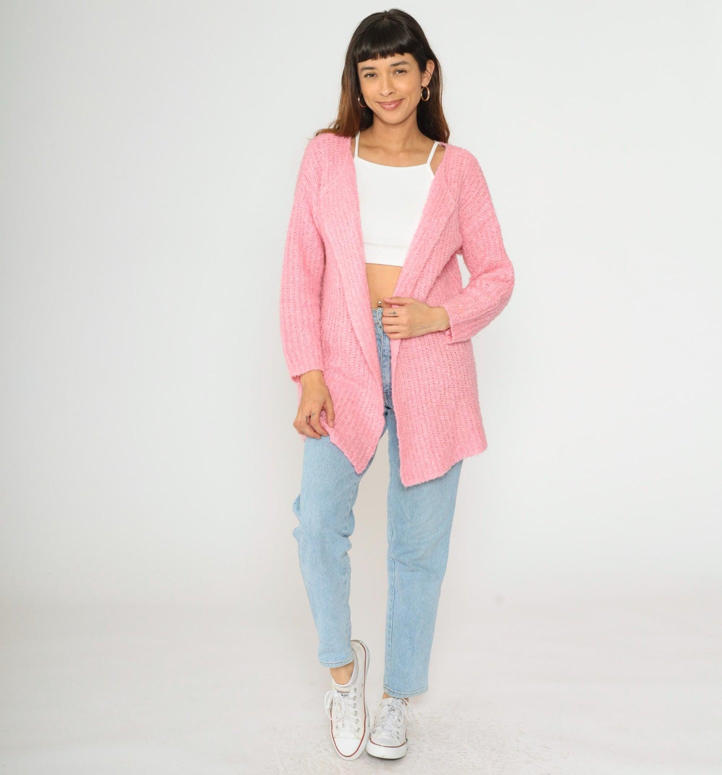 80s Pink Ribbed Knit Cardigan Open Front Wrap Sweater Medium Large