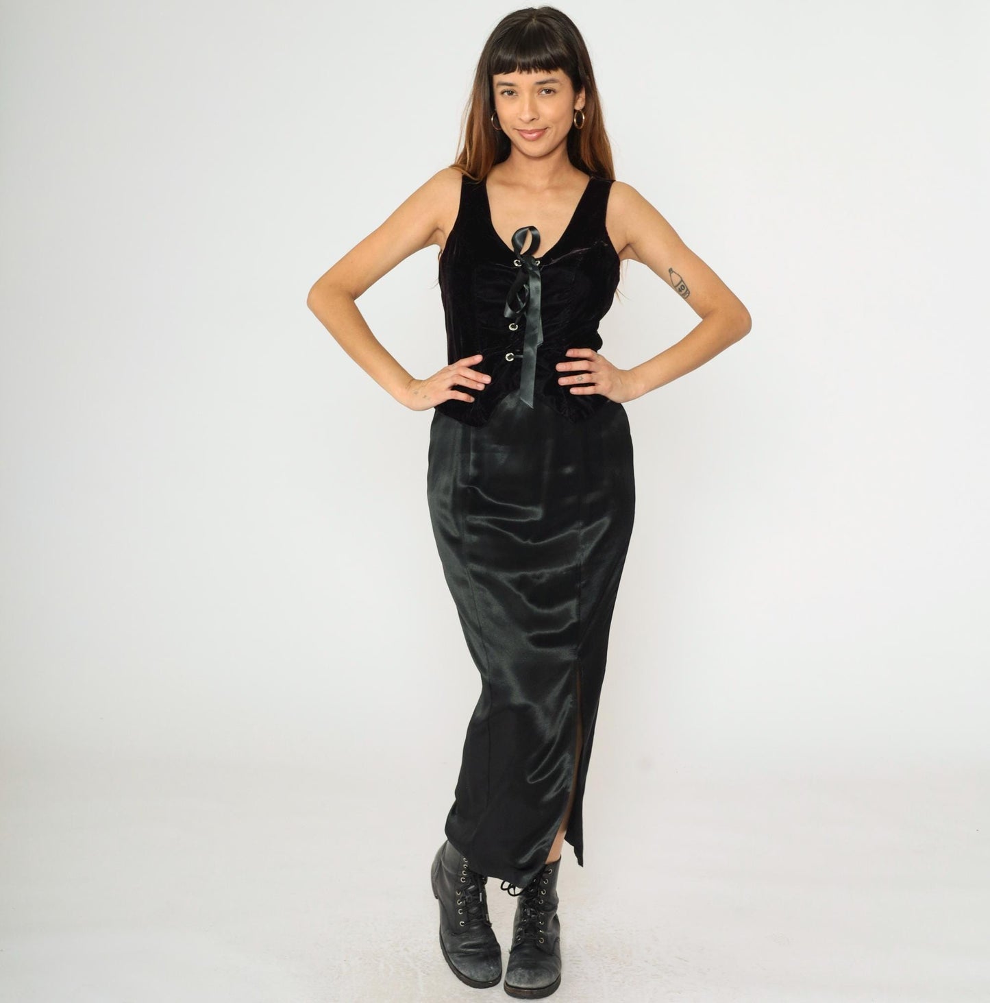 90s Black Satin Maxi Dress Velvet Lace-Up Bodice Sleeveless Medium