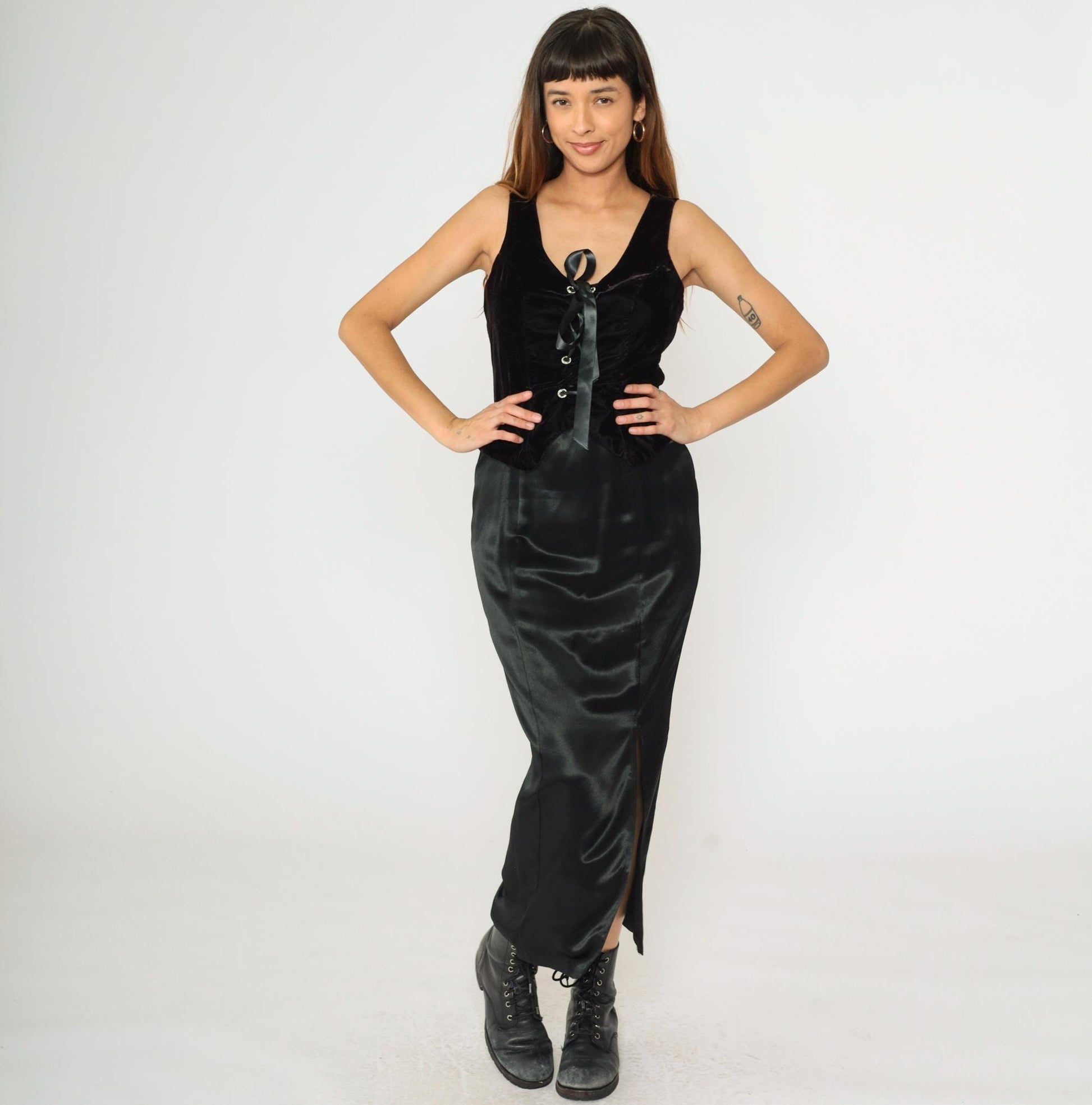 90s Black Satin Maxi Dress Velvet Lace-Up Bodice Sleeveless Medium