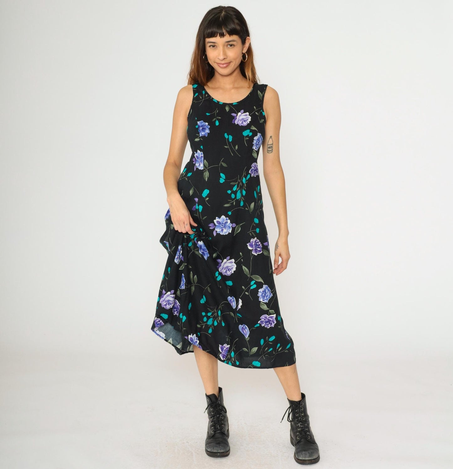 90s Black Floral Midi Dress A-Line Sleeveless Princess Seam Small