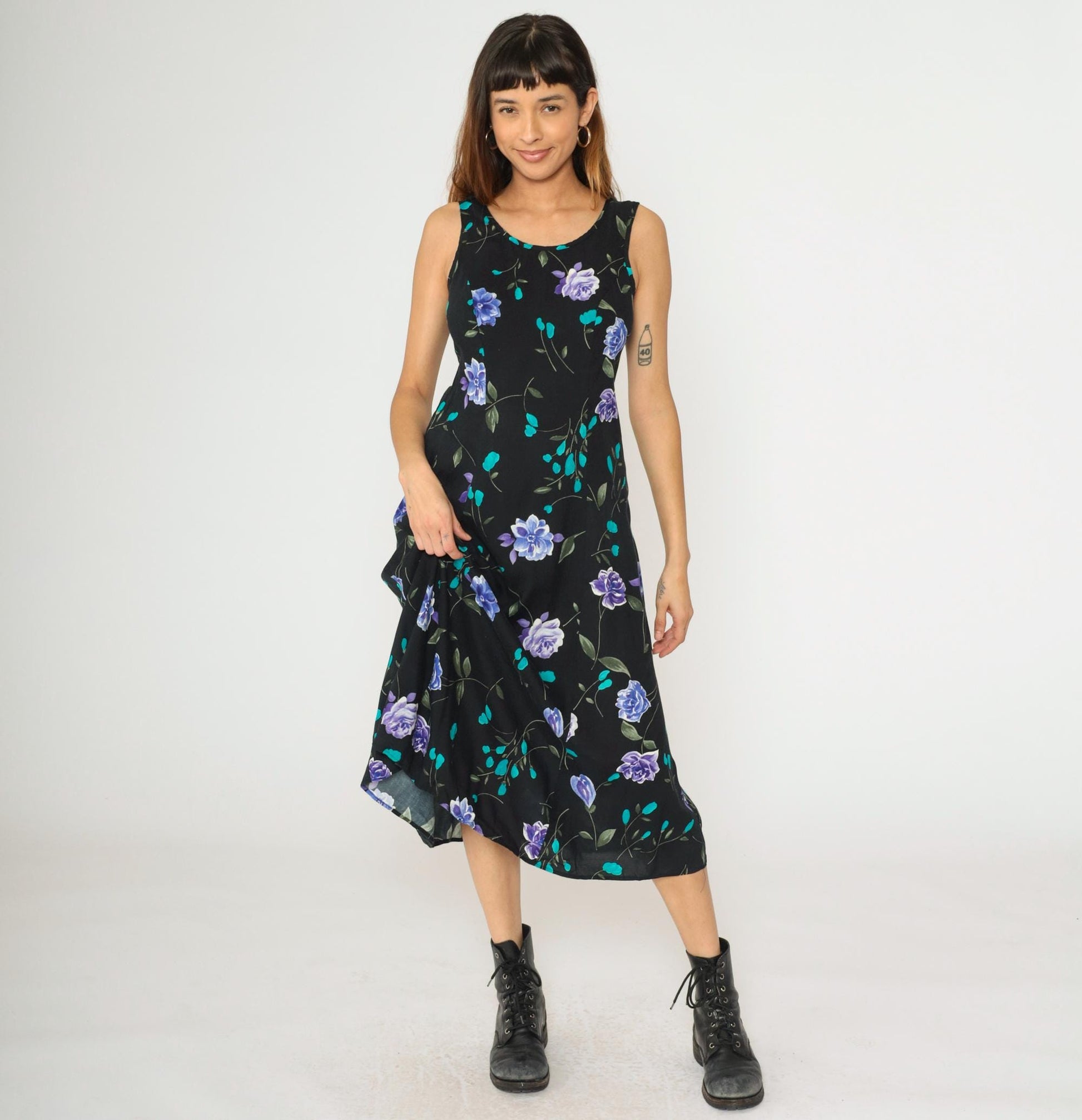 90s Black Floral Midi Dress A-Line Sleeveless Princess Seam Small