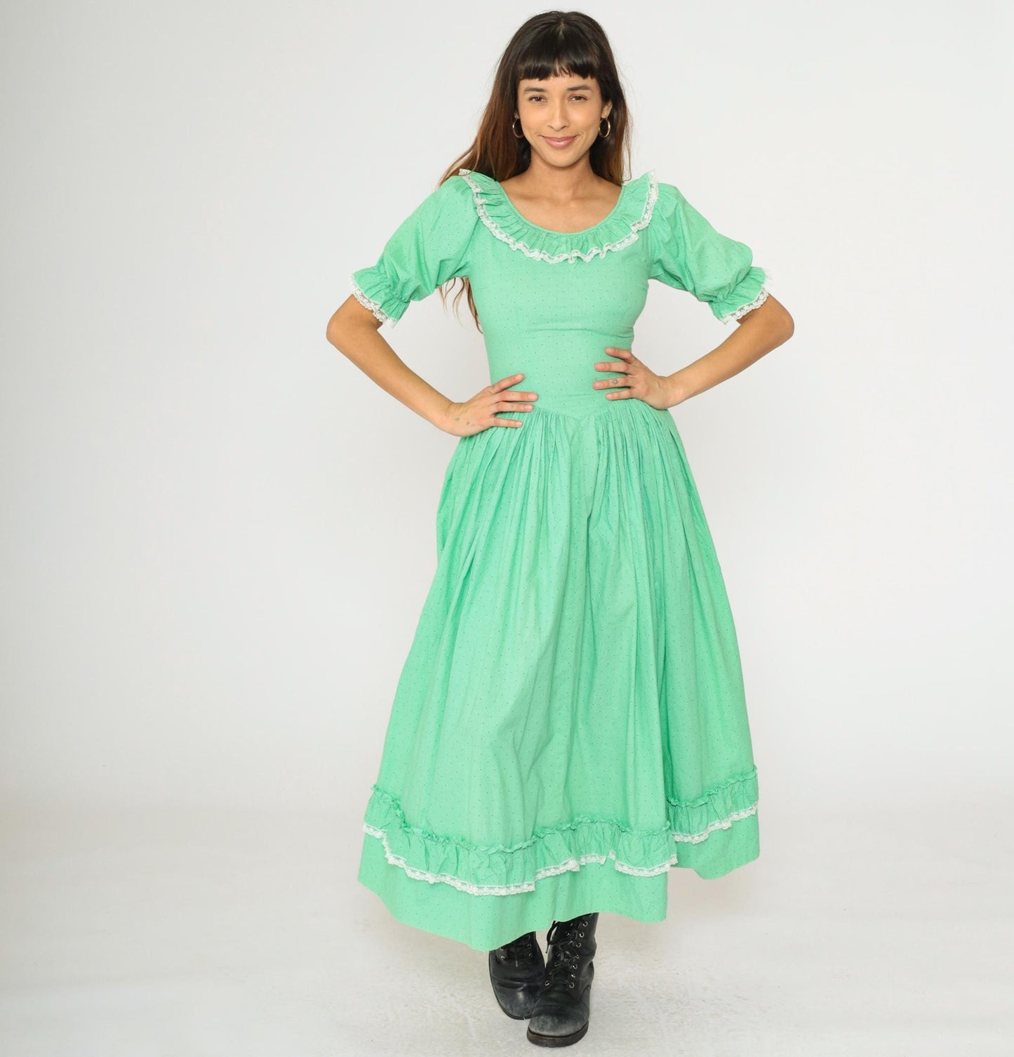 1960s Mint Green Polka Dot Puff Sleeve Maxi Dress High Waist Extra Small