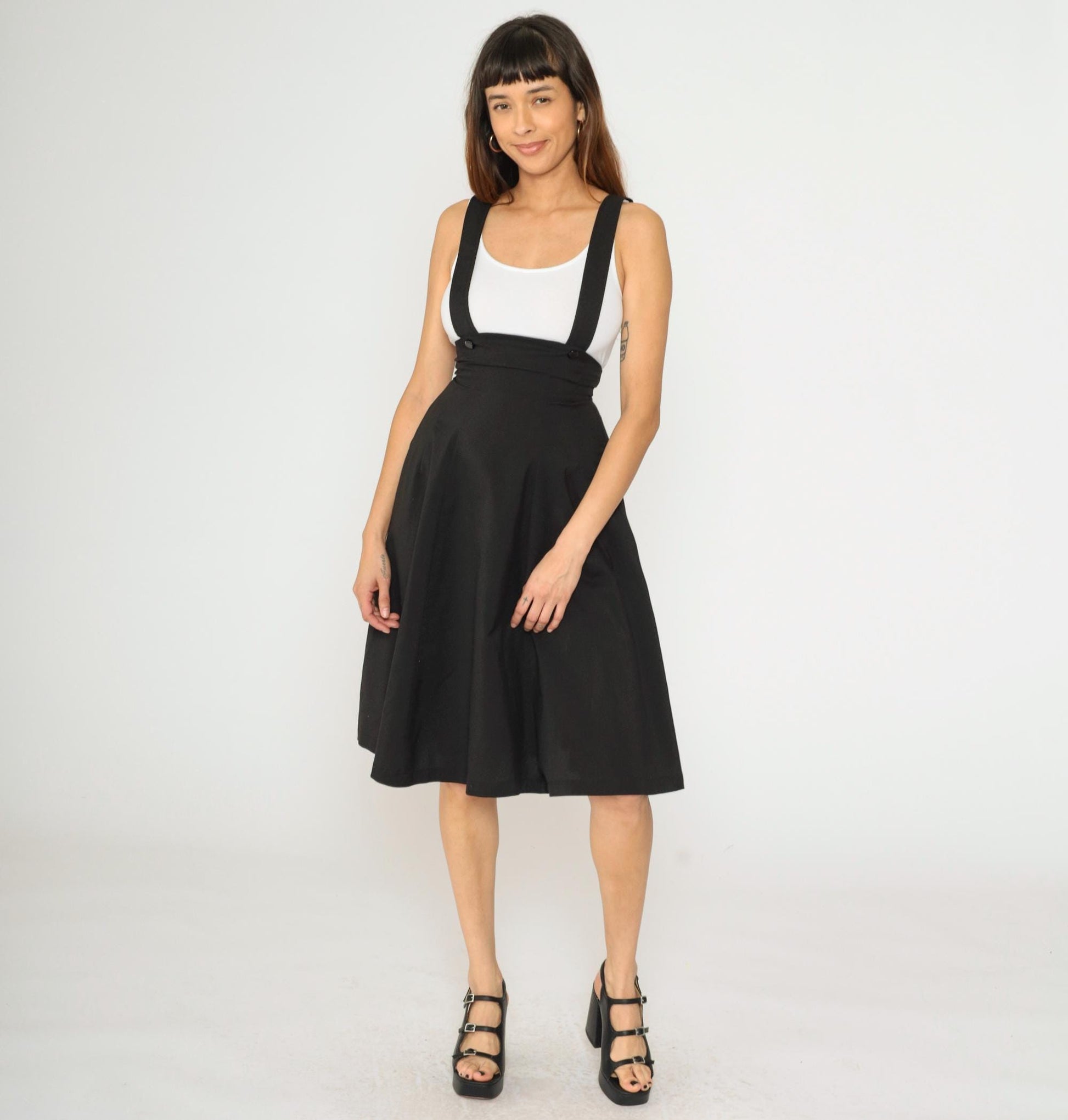 Y2K Black A-Line Midi Skirt with Suspender Straps High Waist 00s Extra Small