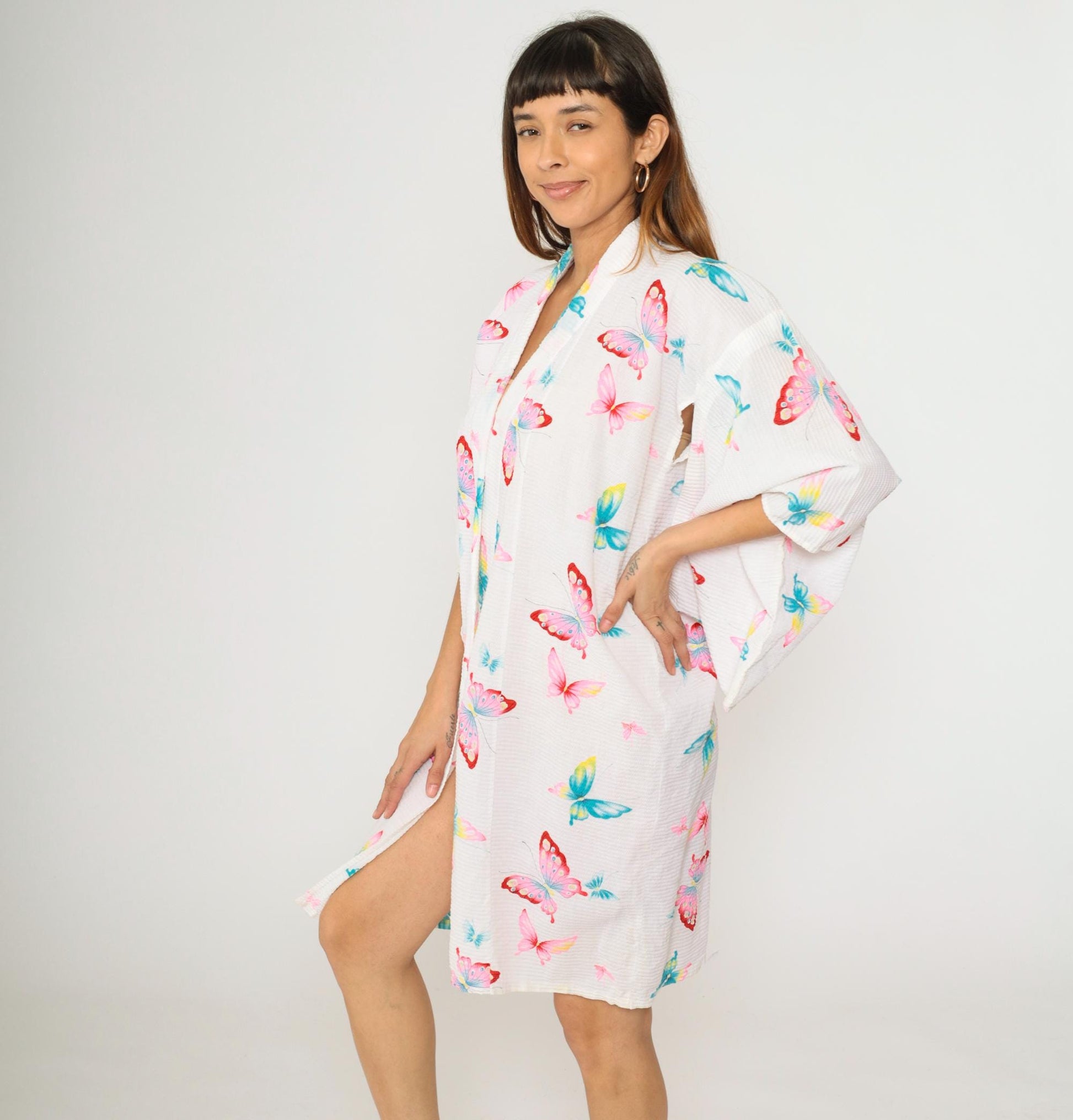 70s Butterfly Kimono Robe White Open Front Half-Sleeve Dressing Gown Small