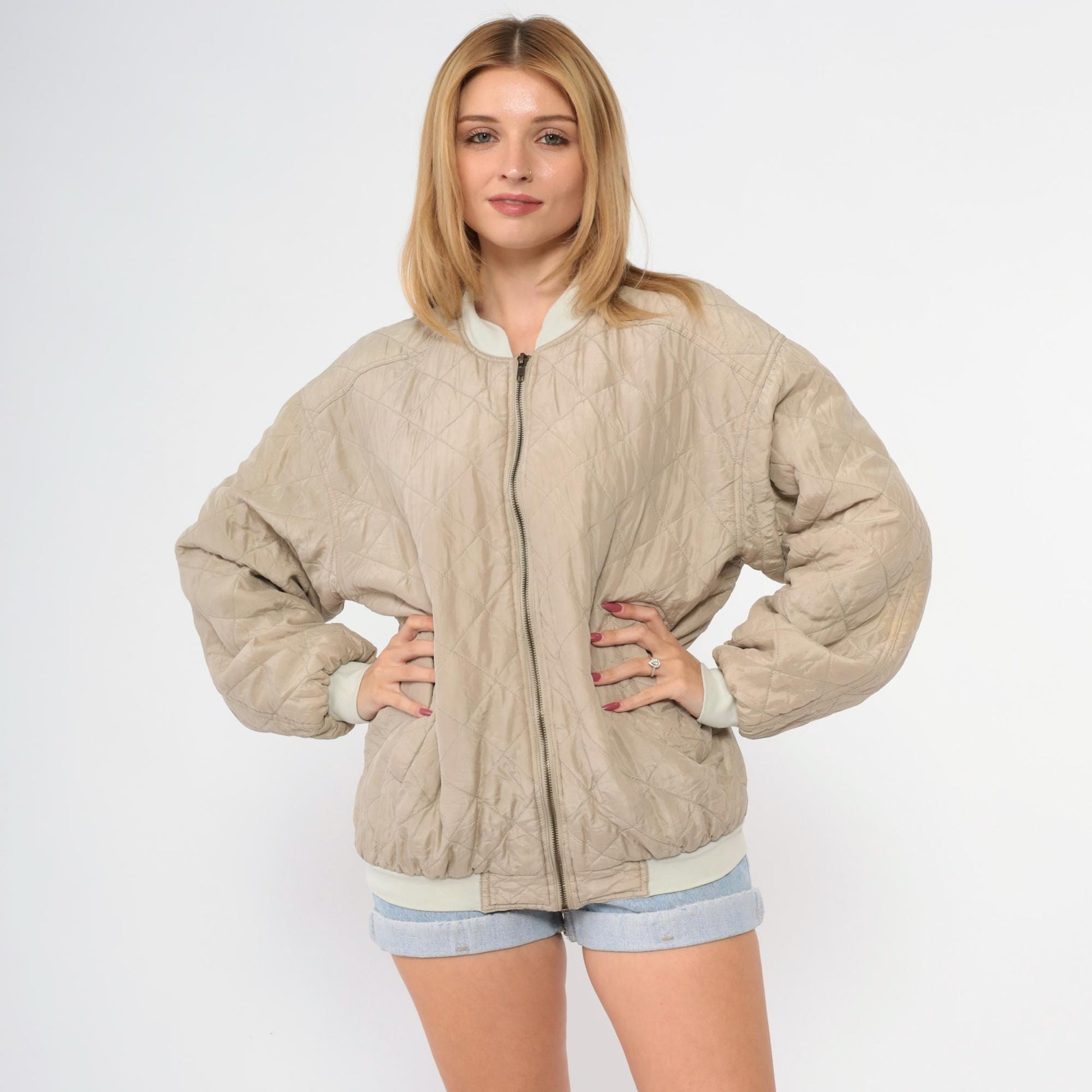 90s Taupe Quilted Silk Bomber Jacket Zip-Up Windbreaker Large L