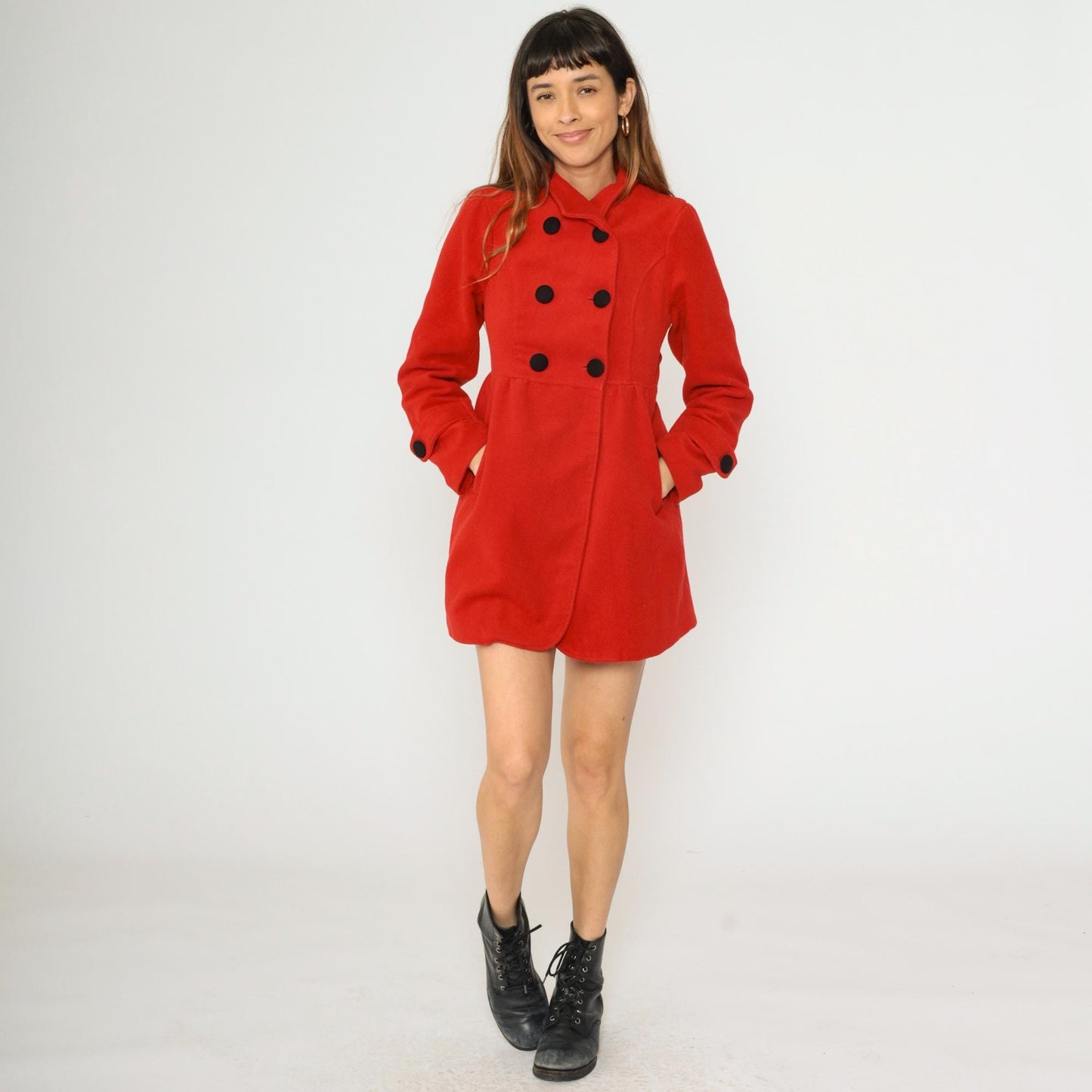 90s Red Wool Peacoat Double Breasted Princess Seams XXS