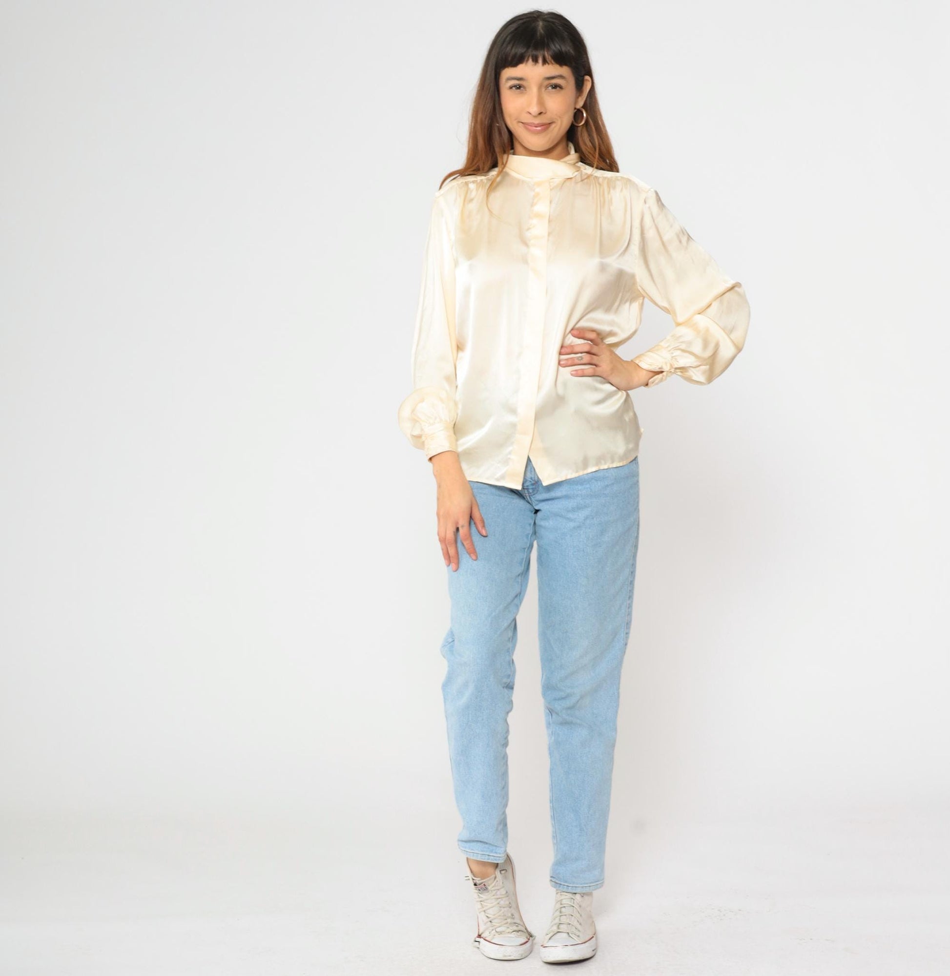 80s Jones Wear Cream Satin Mock Neck Blouse Long Sleeve Small 6