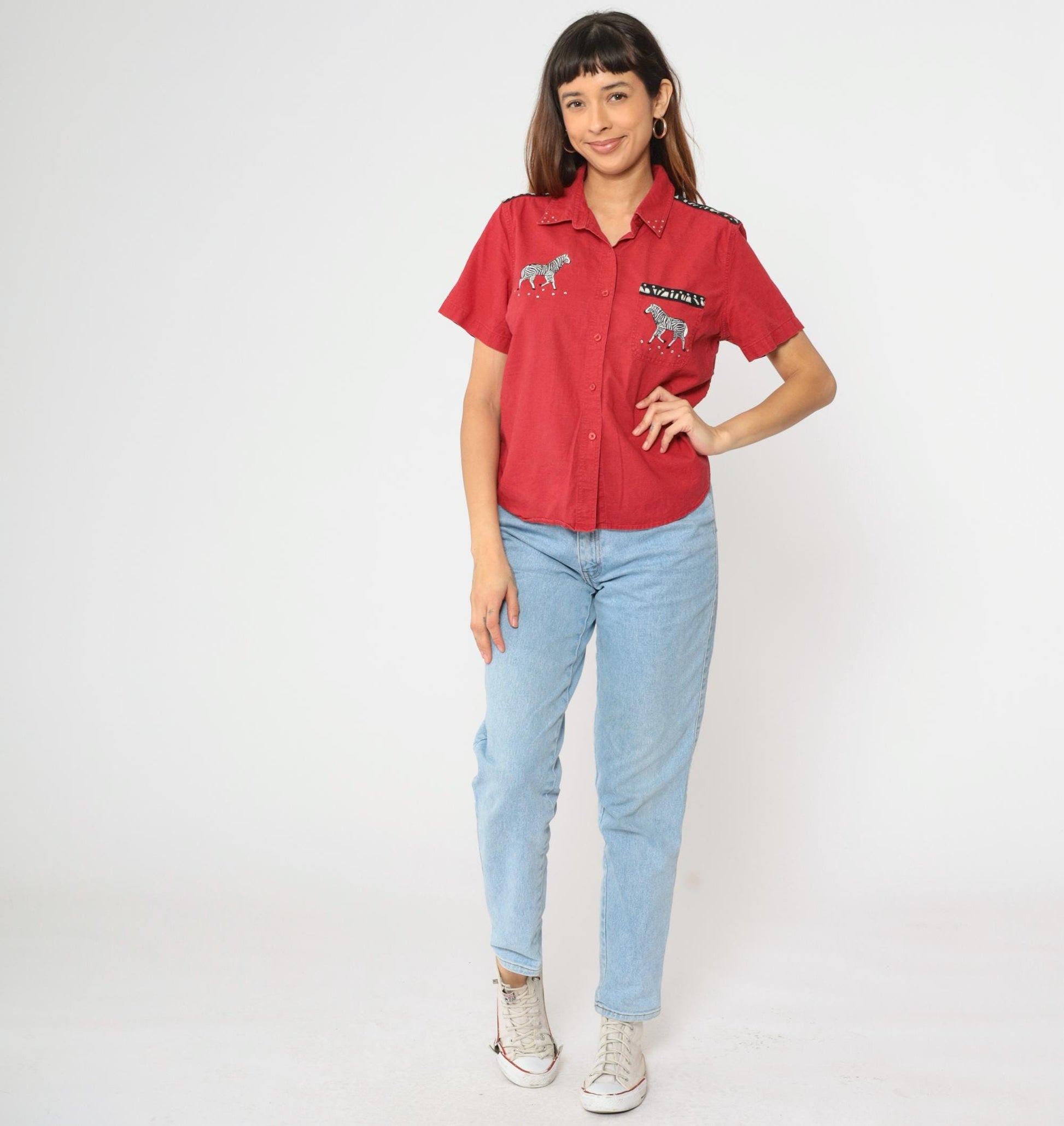 90s Cabin Creek Zebra Rhinestone Button-Up Blouse Red Linen Cotton Petite Large