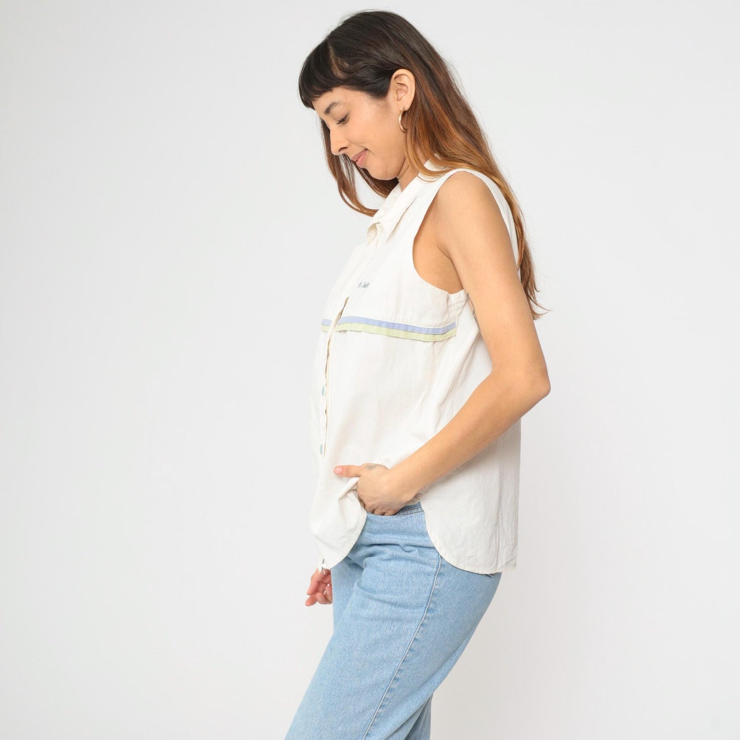90s Puerto Vallarta White Striped Sleeveless Button-Up Blouse Extra Large