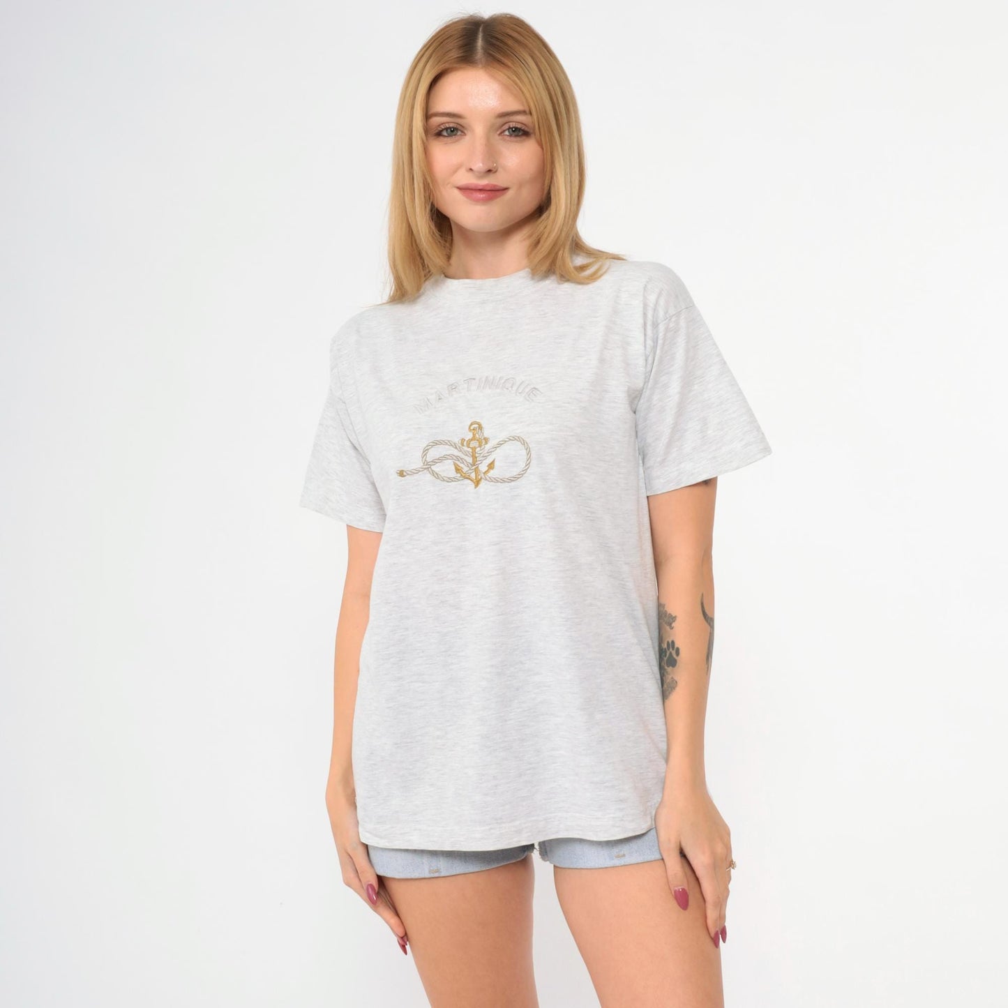 90s Martinique Embroidered Anchor Graphic Tee Grey Crewneck Medium M