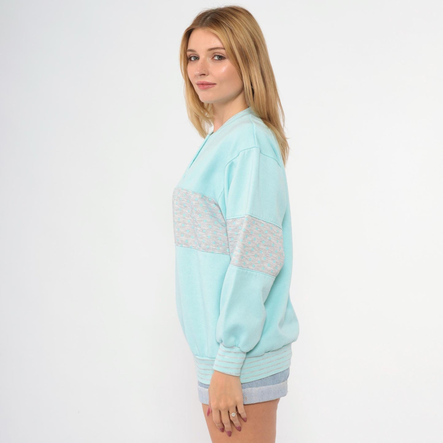 80s Mint Blue Polka Dot Henley Sweatshirt Grey Panel Color Block Medium