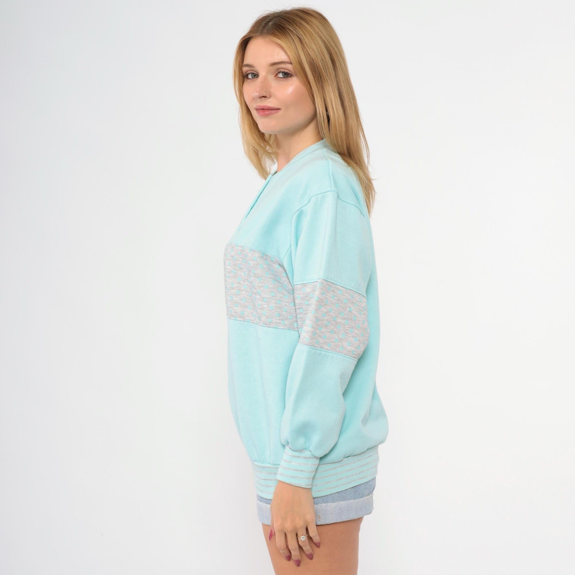 80s Mint Blue Polka Dot Henley Sweatshirt Grey Panel Color Block Medium