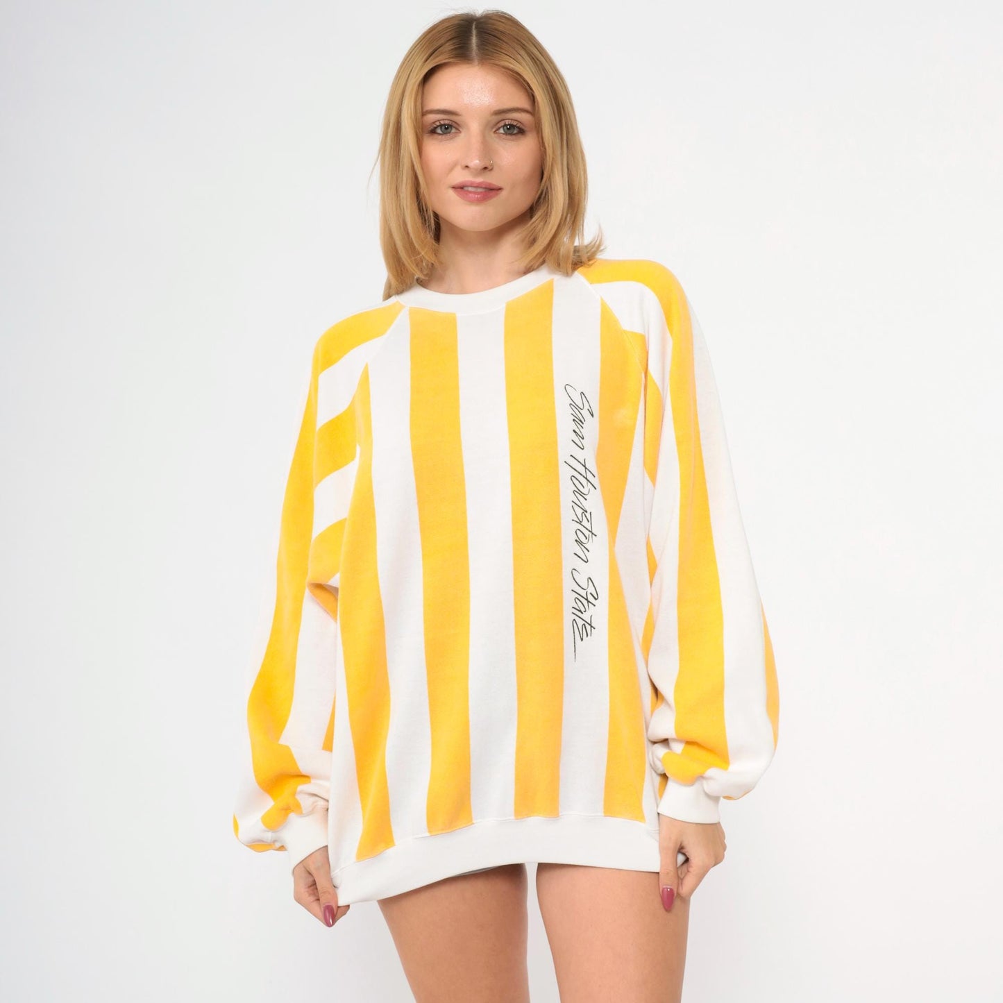 90s Sam Houston State Sweatshirt Yellow White Striped Crewneck Large L