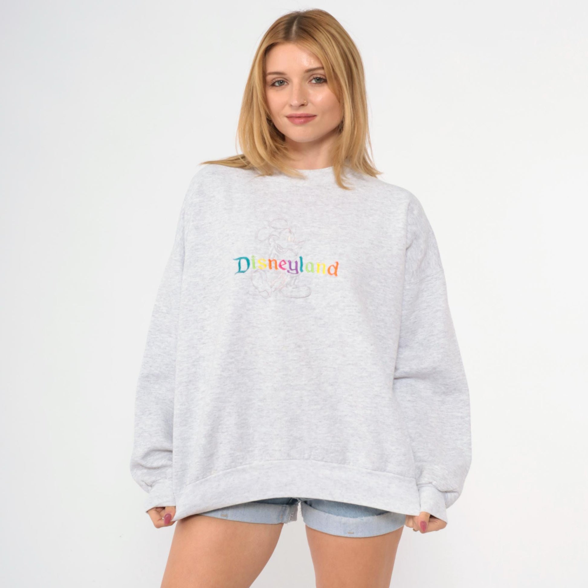 90s Disneyland Mickey Mouse Rainbow Embroidered Sweatshirt Heather Grey Extra Large