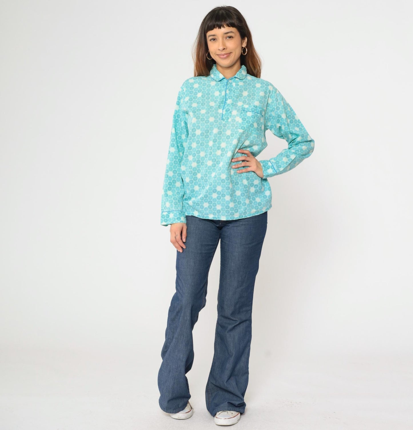 70s Kaynee Endura Press Pajama Shirt Blue Geometric Mandala Medium
