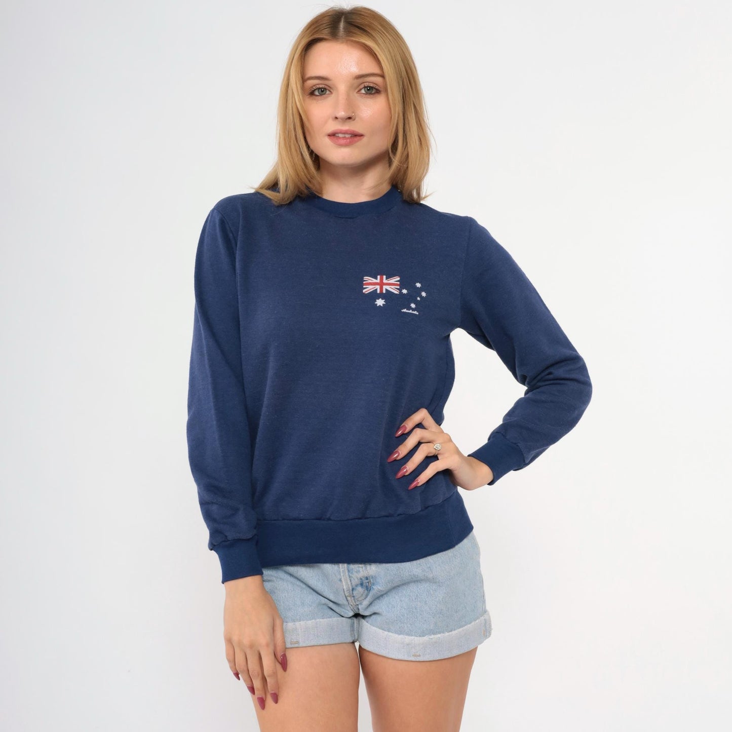 80s Australian Flag Sweatshirt Dark Blue Crewneck Pullover Extra Small XS