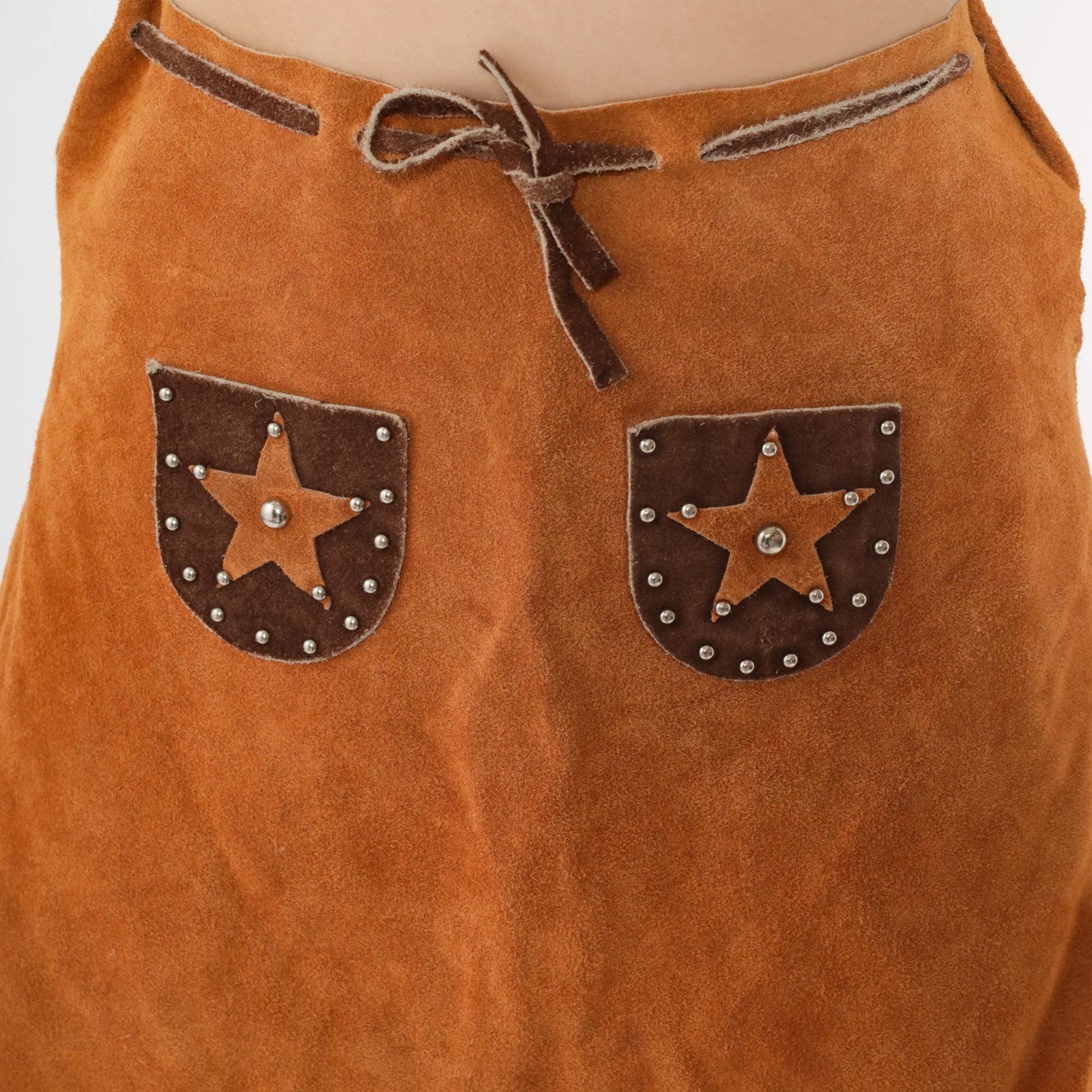 90s Brown Suede Fringe Mini Skirt Studded Star Drawstring Waist Extra Small