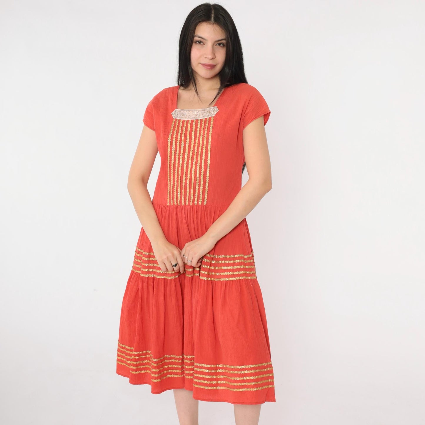 1950s Thunderbird Fashions Orange Crinkle Cotton Patio Dress Square Neckline Medium