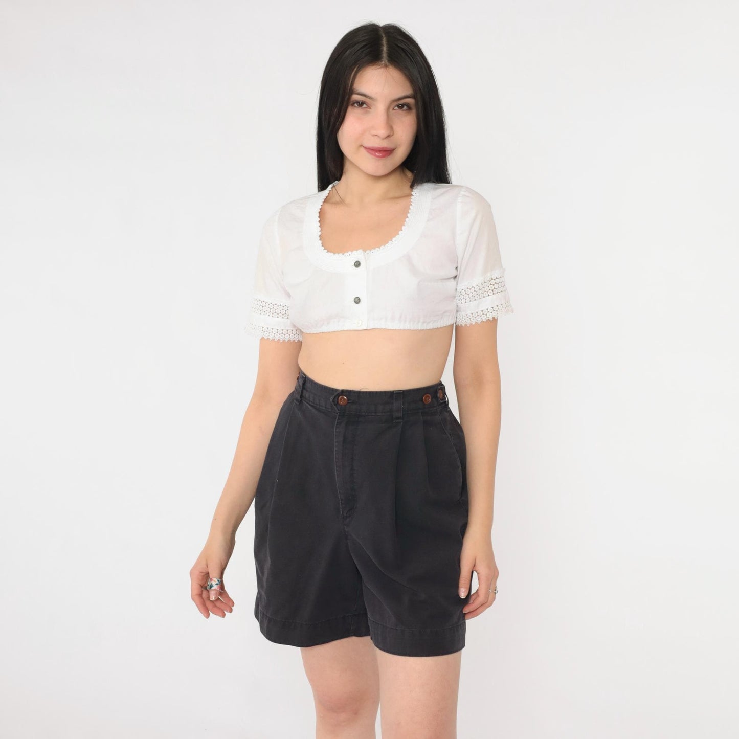 80s Dockers Black Pleated High-Waist Shorts Elastic Waist Medium