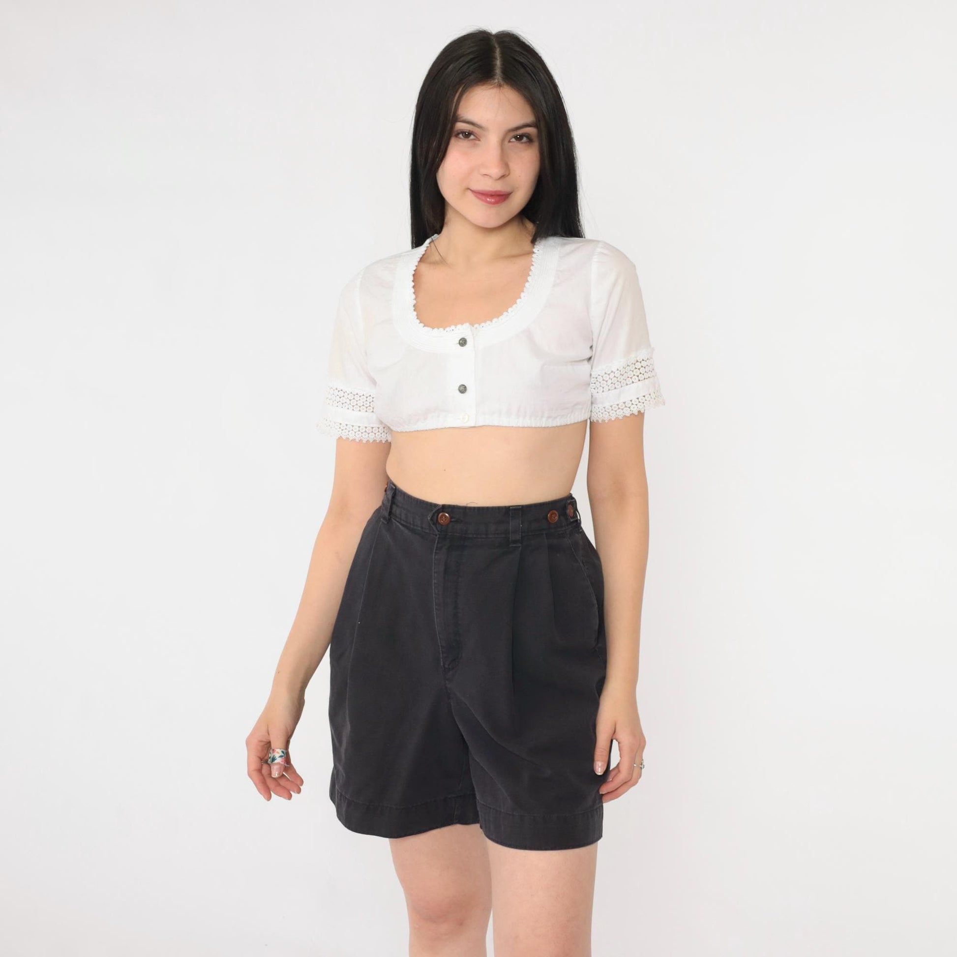 80s Dockers Black Pleated High-Waist Shorts Elastic Waist Medium