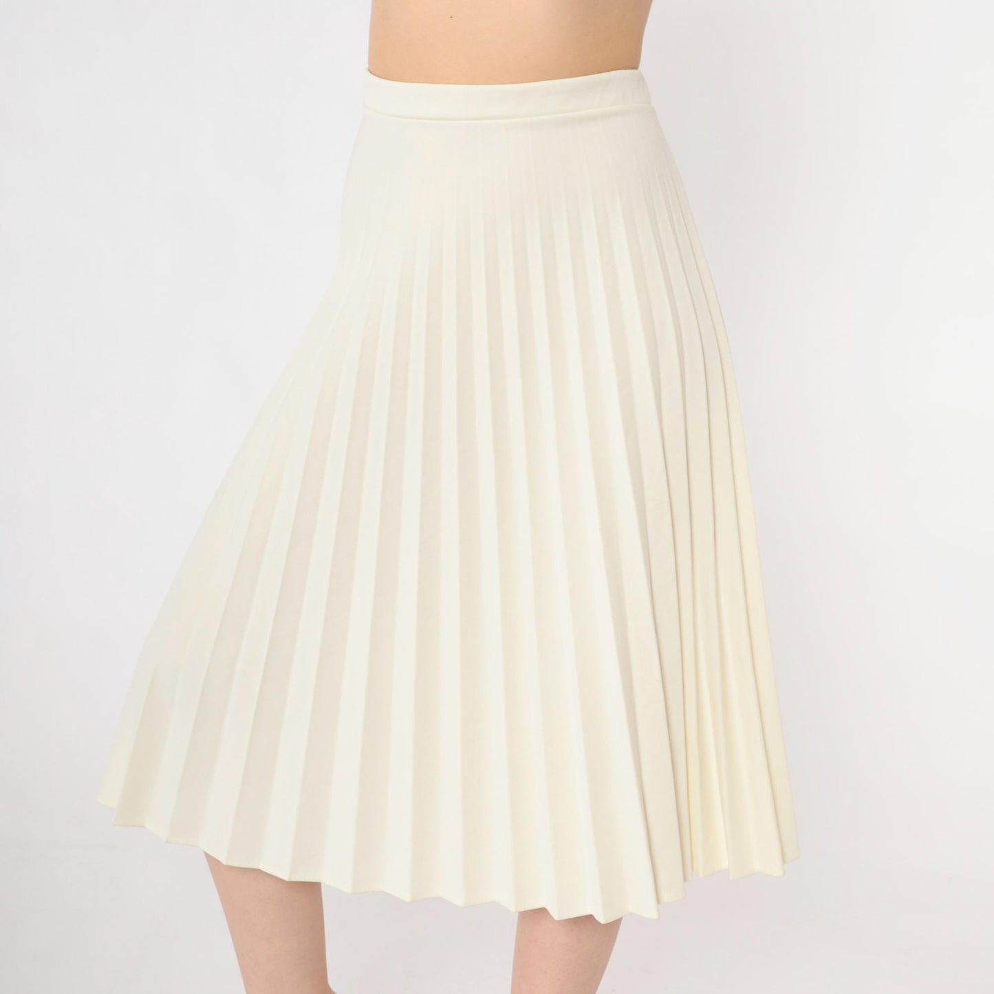 70s Cream Pleated Midi Skirt High Waist Elastic Large L
