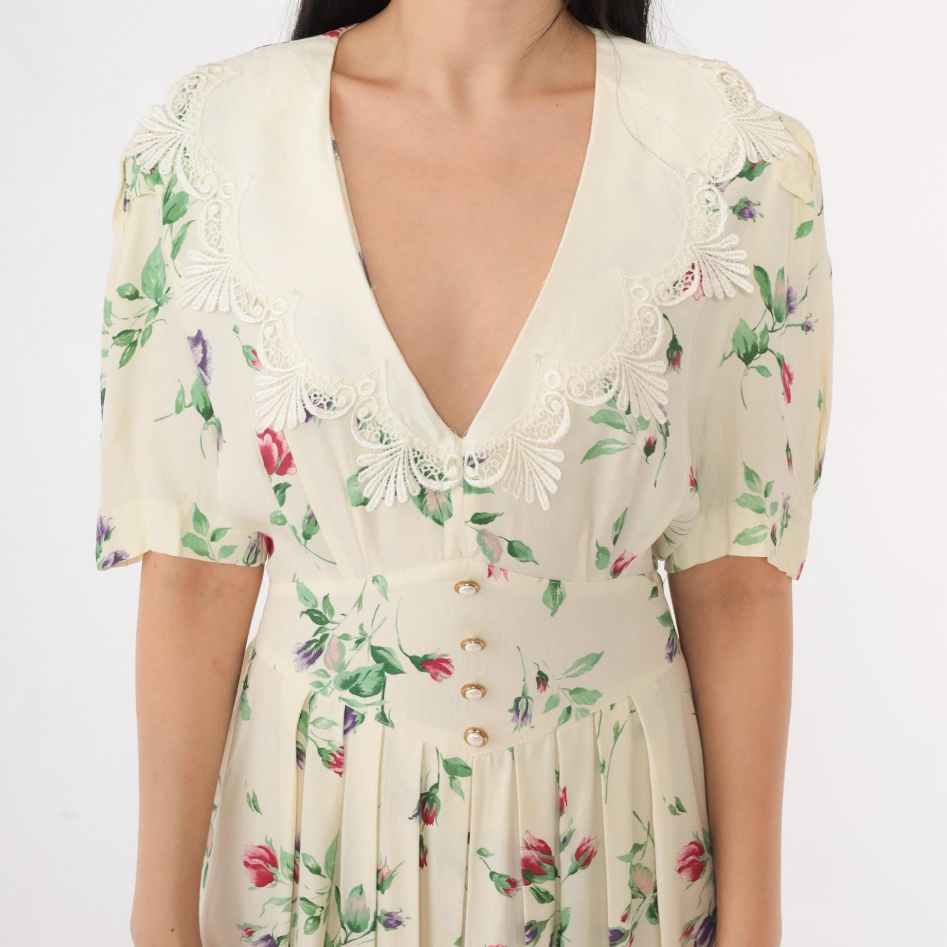90s S.L. Fashions Cream Floral Maxi Dress Deep V Lace Collar Medium