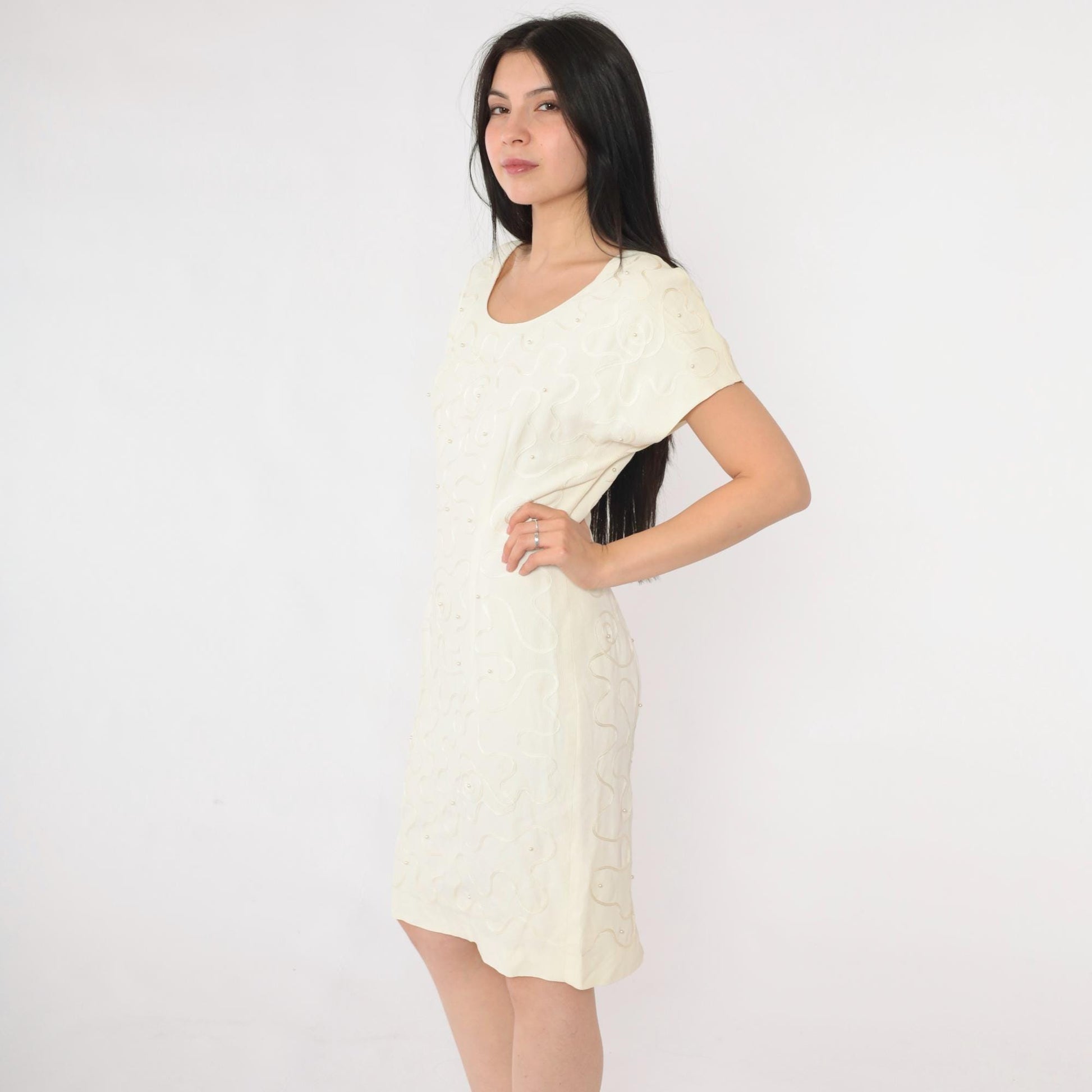 90s Donna Ricco Cream Pearl Beaded Soutache Mini Dress Scoop Neck Small