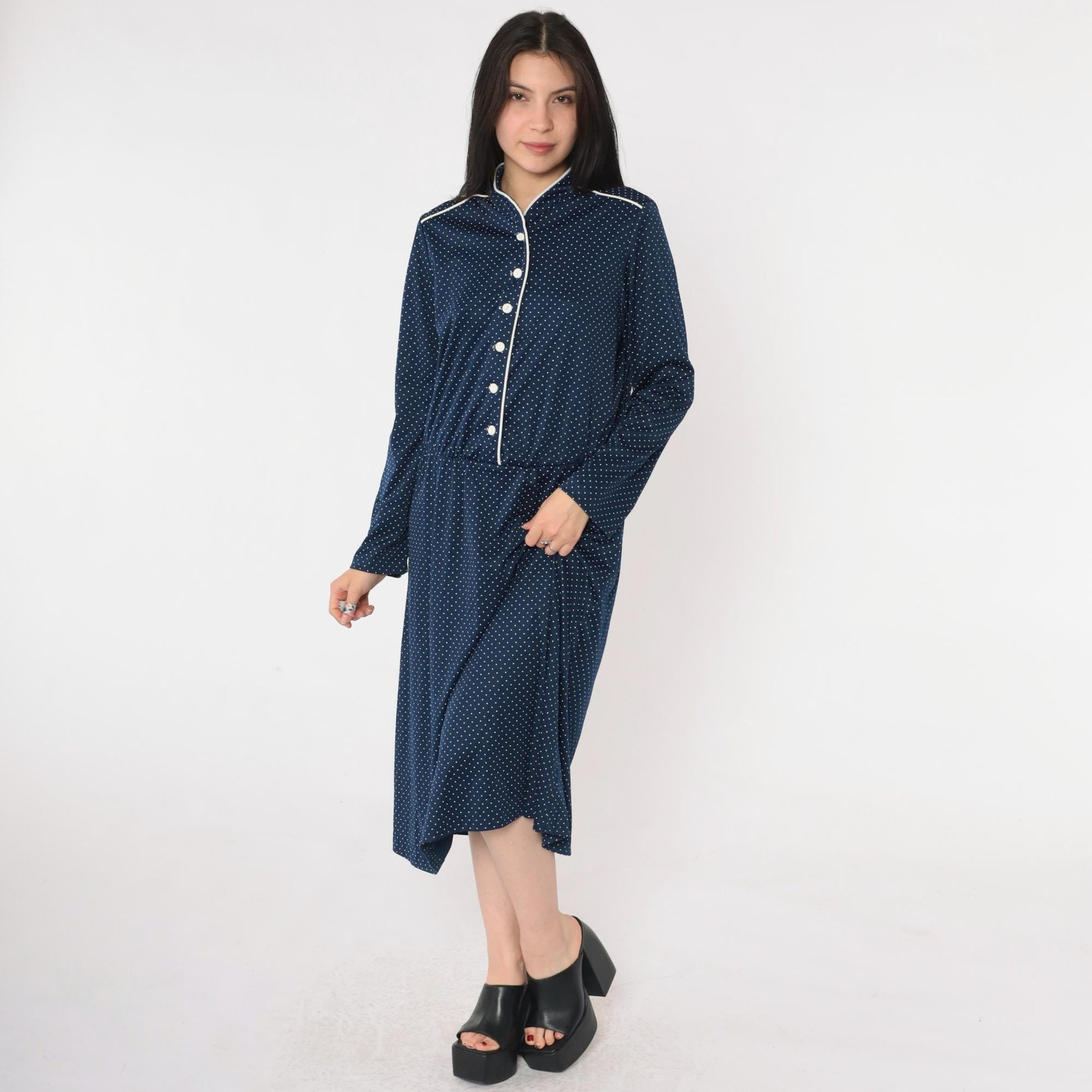 70s Polka Dot Midi Shirtdress Navy Blue High Waist Button Up Long Sleeve Large L