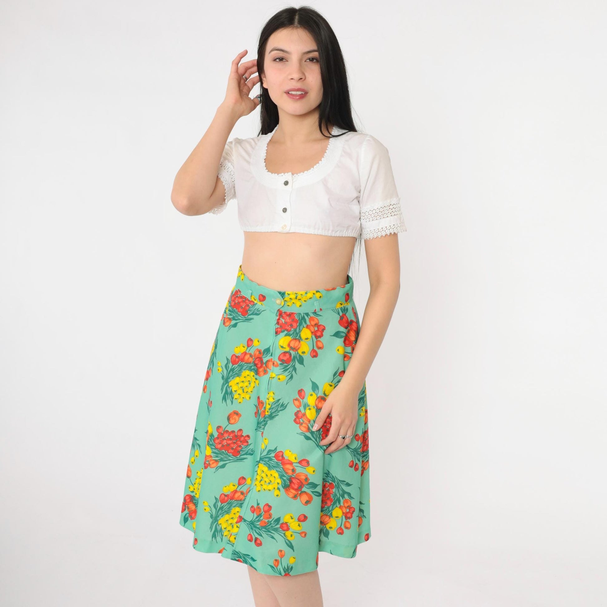 70s Green Floral Midi Skirt High Waisted A-Line Small