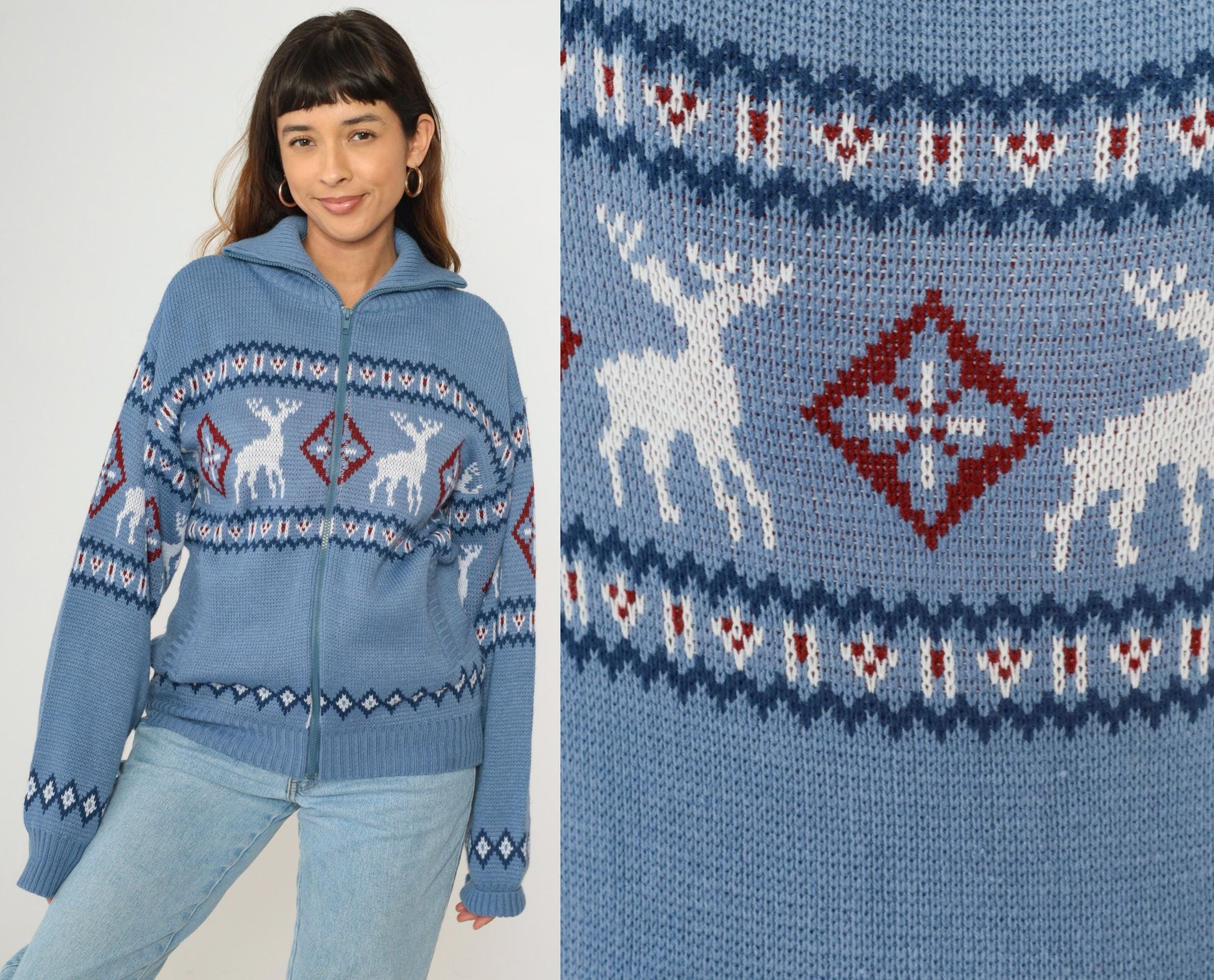 Y2K Fair Isle Reindeer Cardigan Blue Nordic Zip Knit Small S