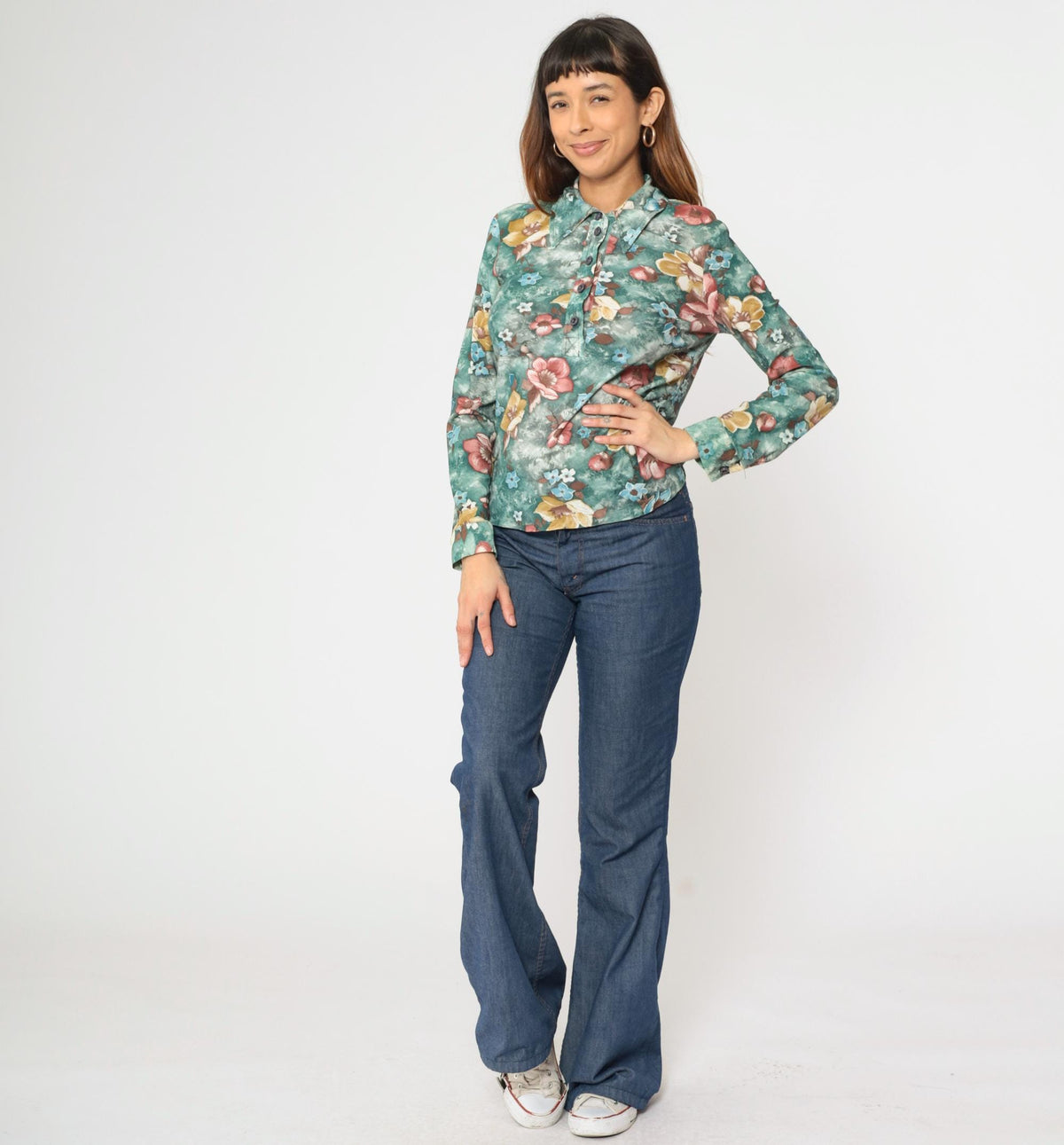 70s Green Floral Button-Up Blouse Long Sleeve Pointed Collar Medium