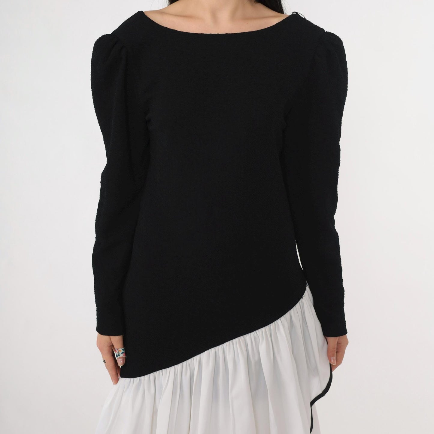80s Black White Asymmetrical Maxi Dress Puff Sleeve V Back Ruffle Medium