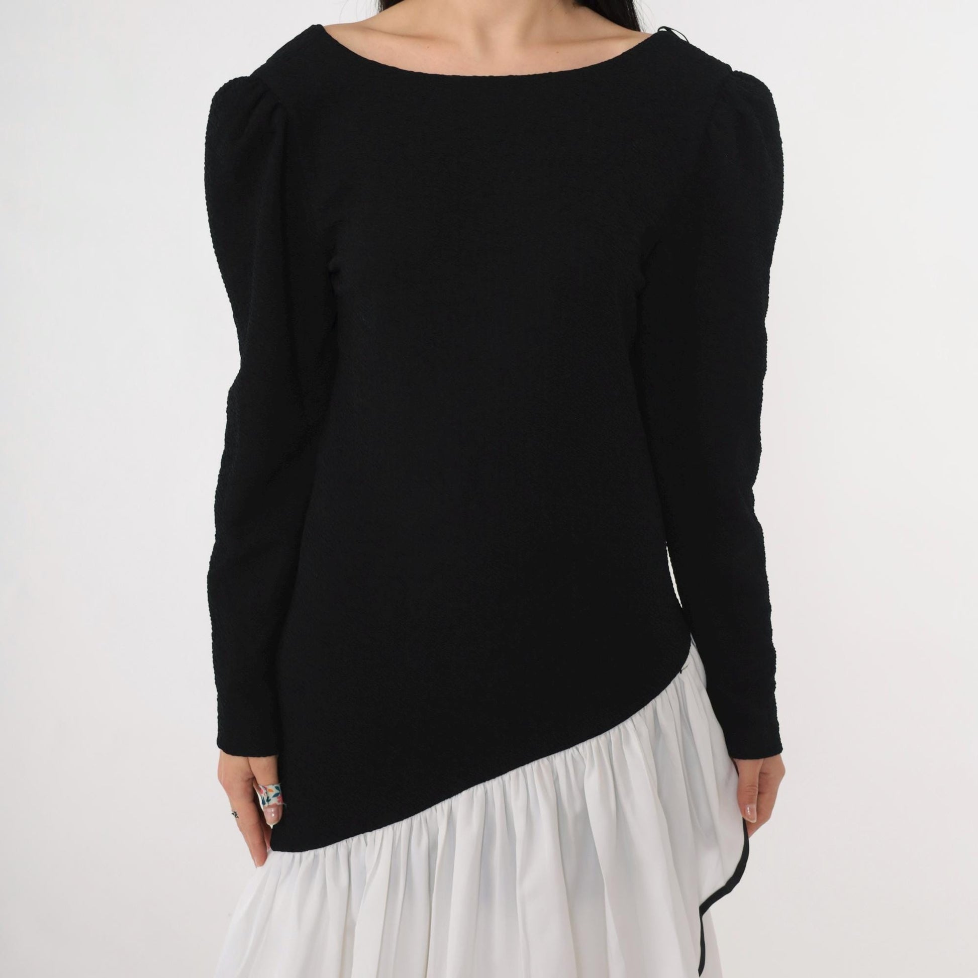 80s Black White Asymmetrical Maxi Dress Puff Sleeve V Back Ruffle Medium