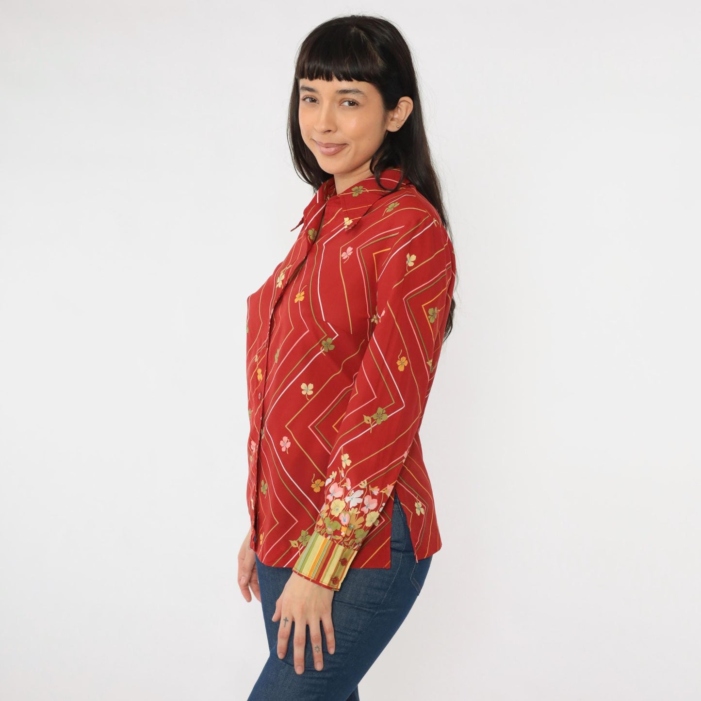 70s Striped Floral Button Up Blouse Red Zig Zag Long Sleeve Medium