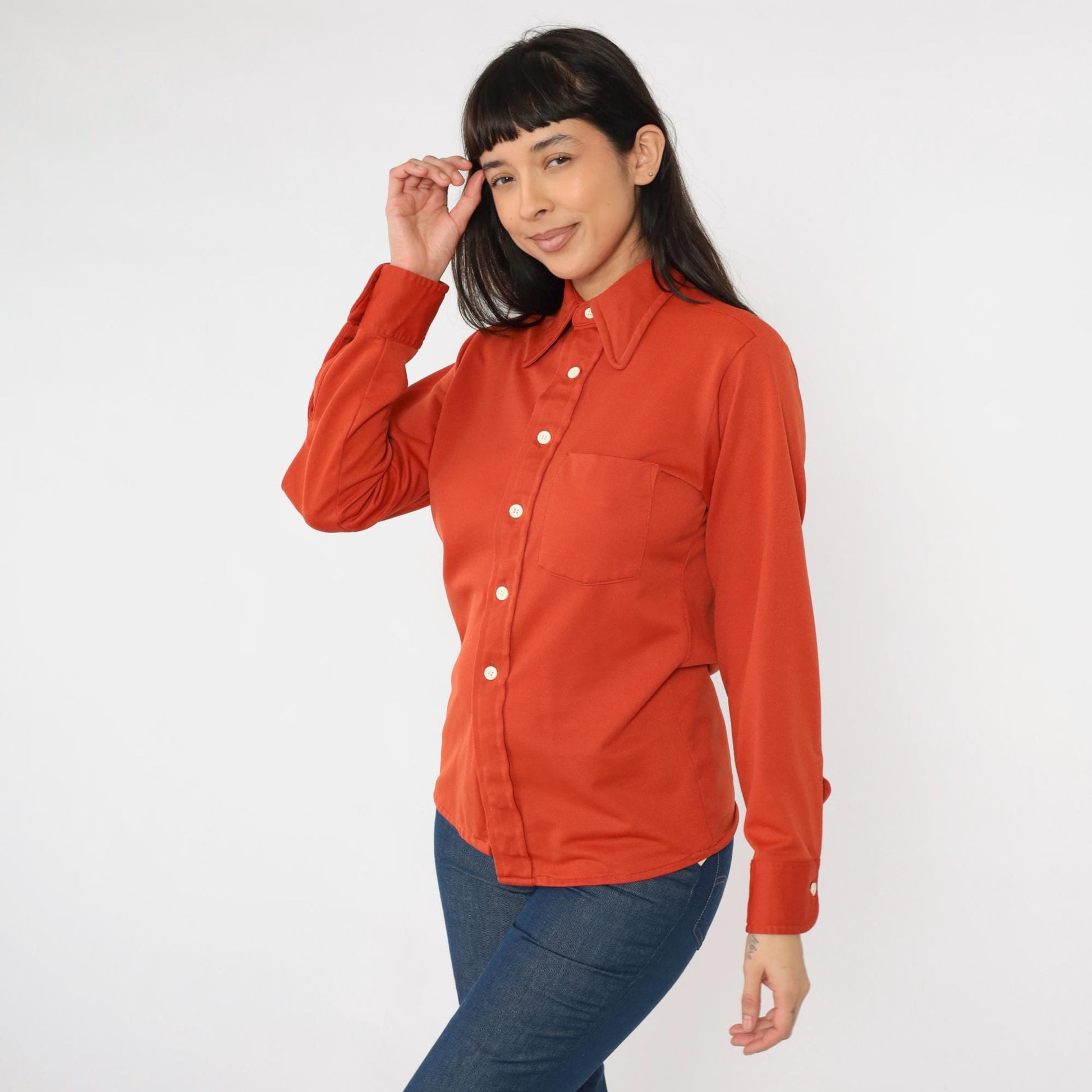 70s Rust Orange Dagger Collar Button-Up Shirt Men's Small